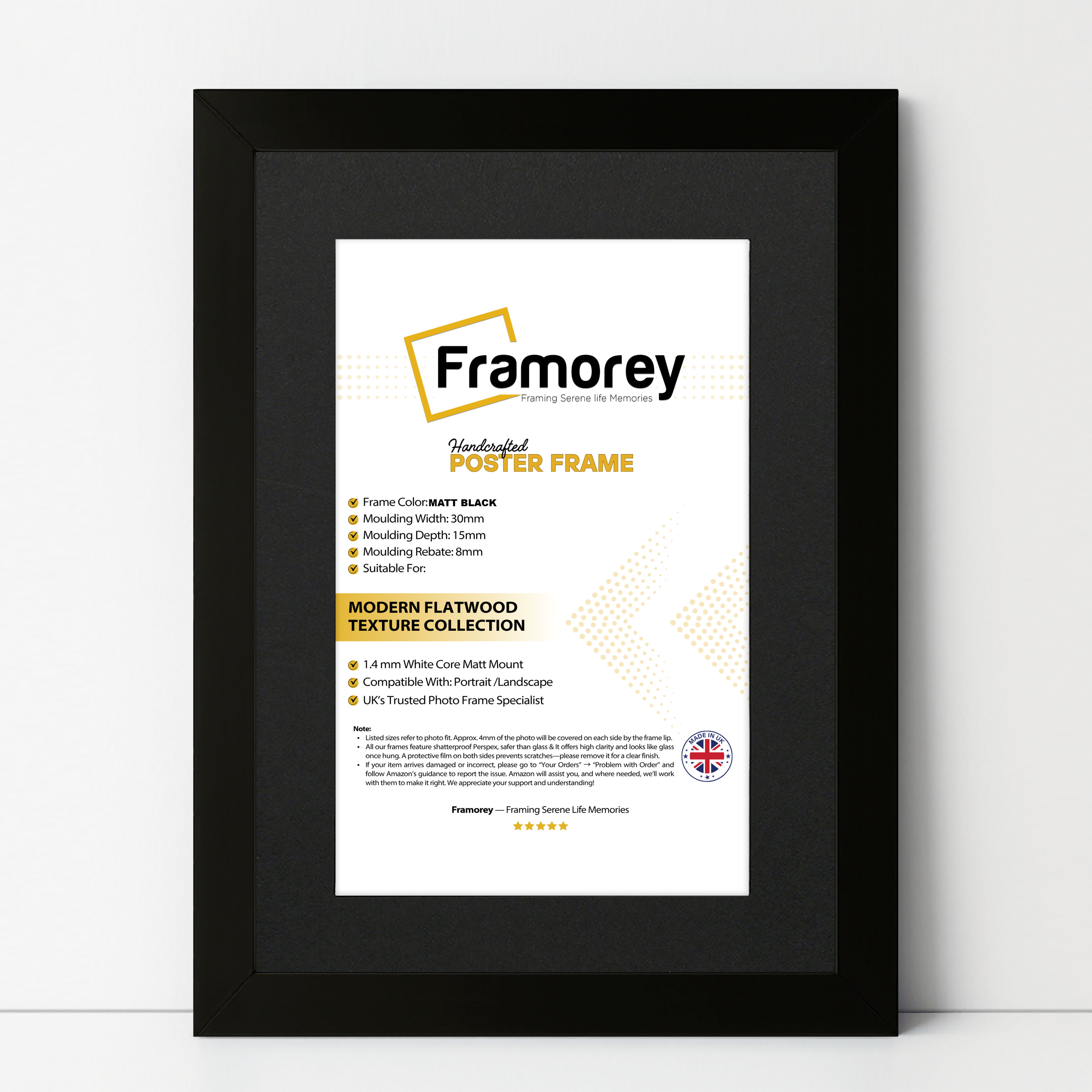 Matt black picture frame with black mount placed on the floor with detail and focus corner.