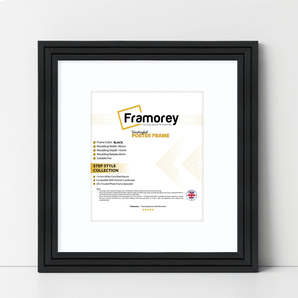 Step Style Square Size Black Picture Frame With White Mount