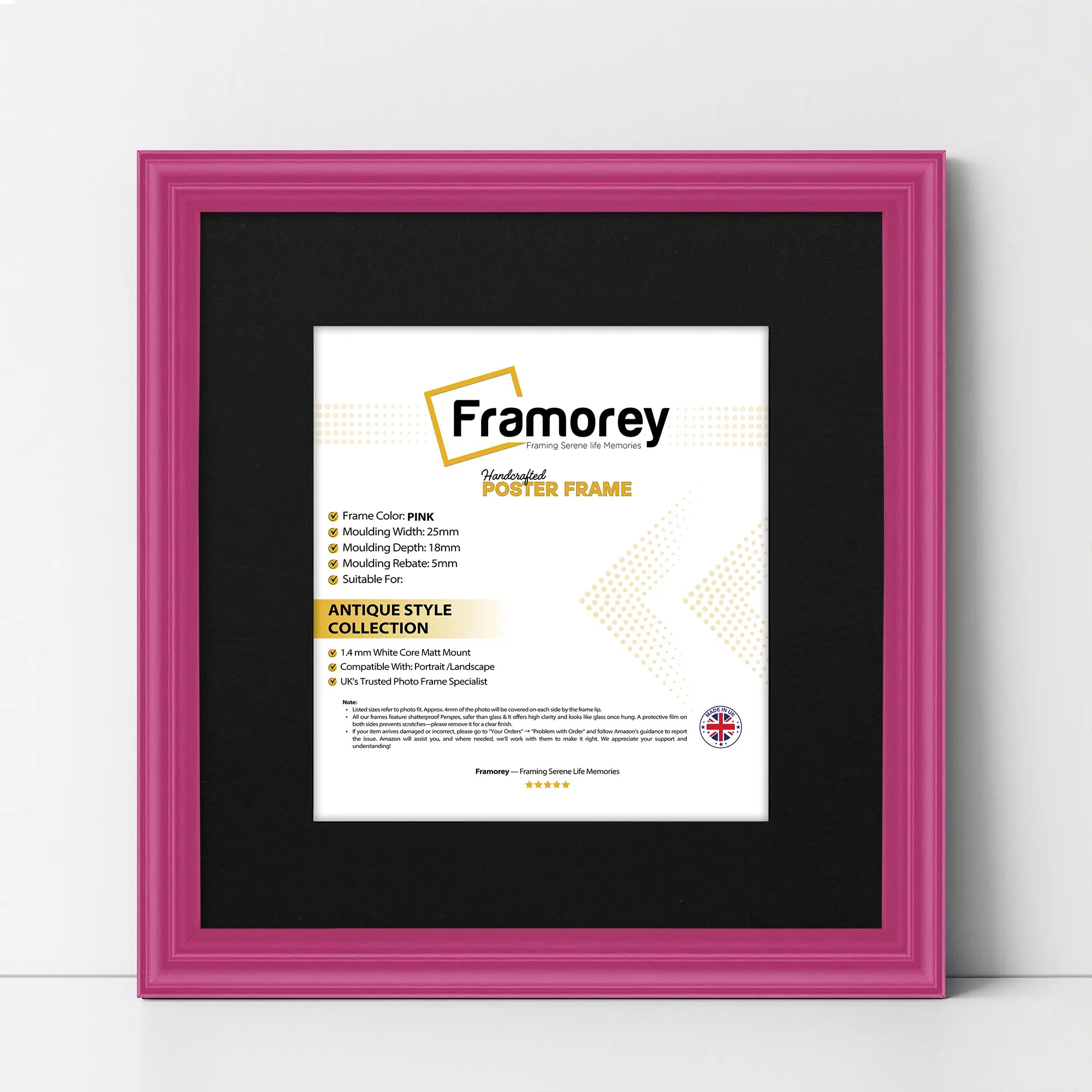 Antique Style Square Size Pink Picture Frame Wall Art Photo Frame With Black Mount