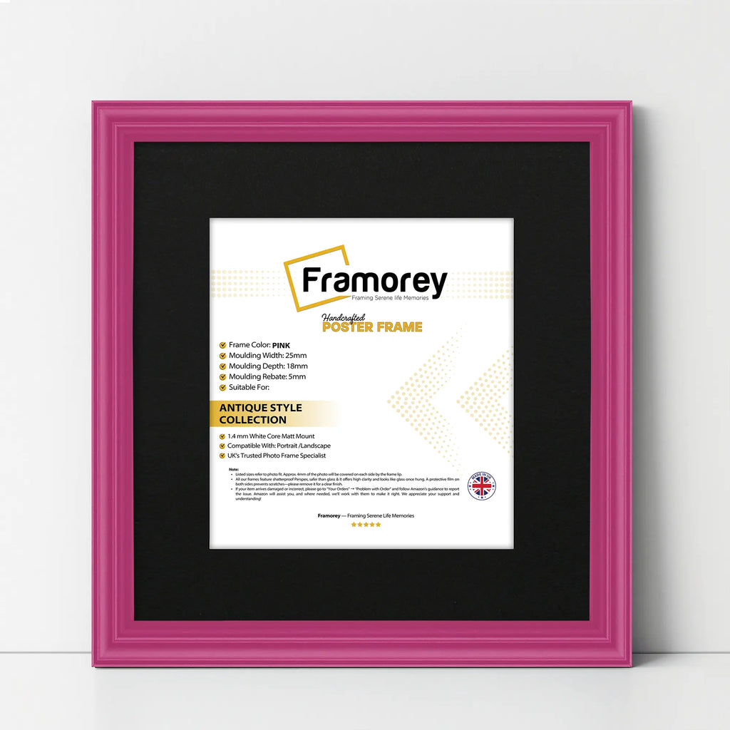 Antique Style Square Size Pink Picture Frame Wall Art Photo Frame With Black Mount