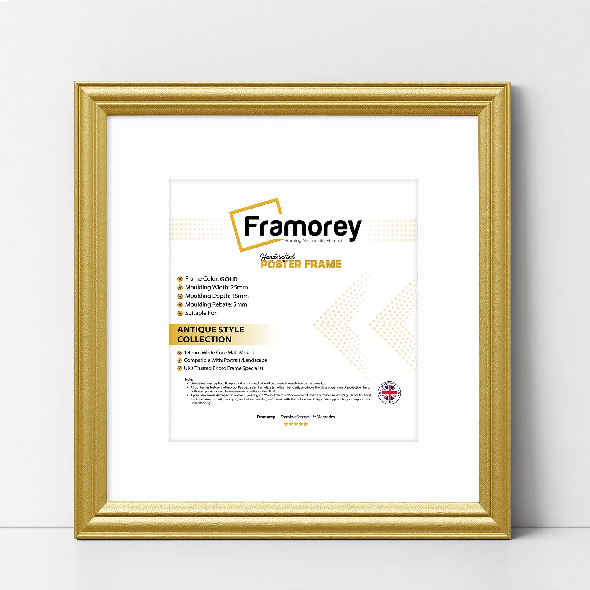 Antique Style Square Gold Picture Wall Art Photo Frame With White Mount