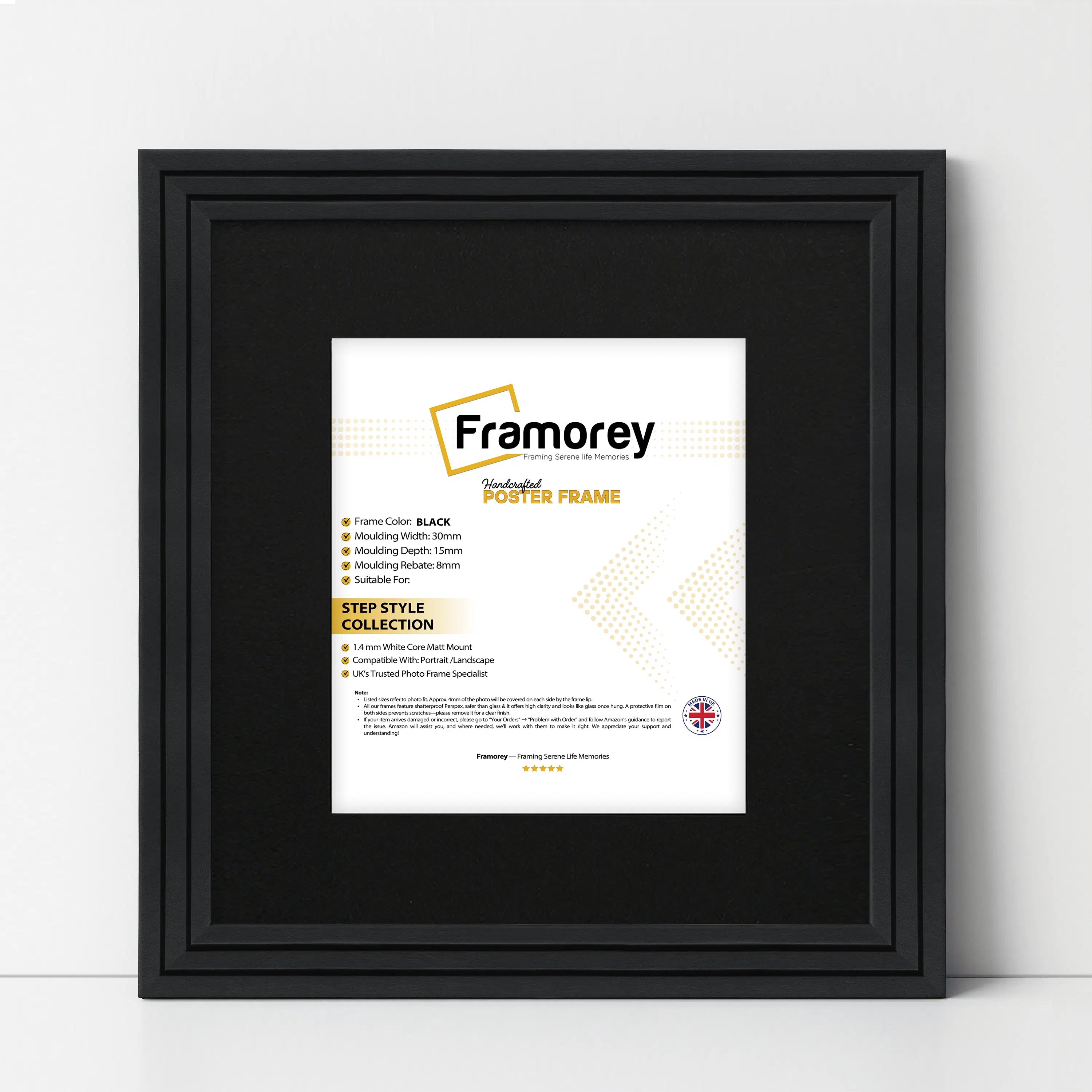 Step Style Square Size Black Picture Frame With Black Mount