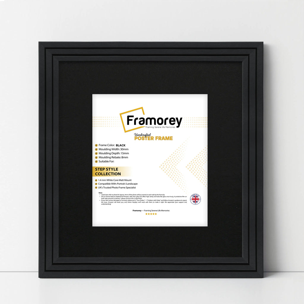 Step Style Square Size Black Picture Frame With Black Mount