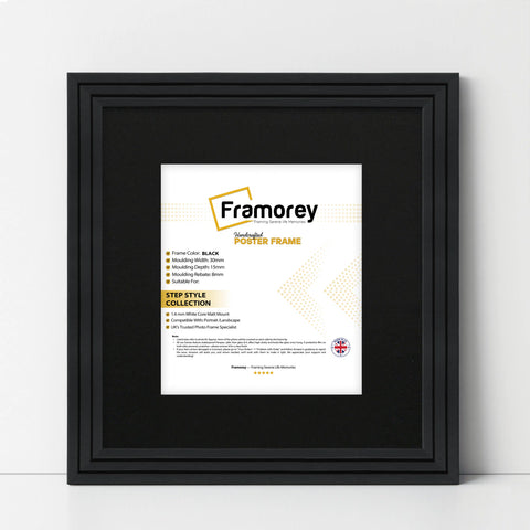 Step Style Square Size Black Picture Frame With Black Mount