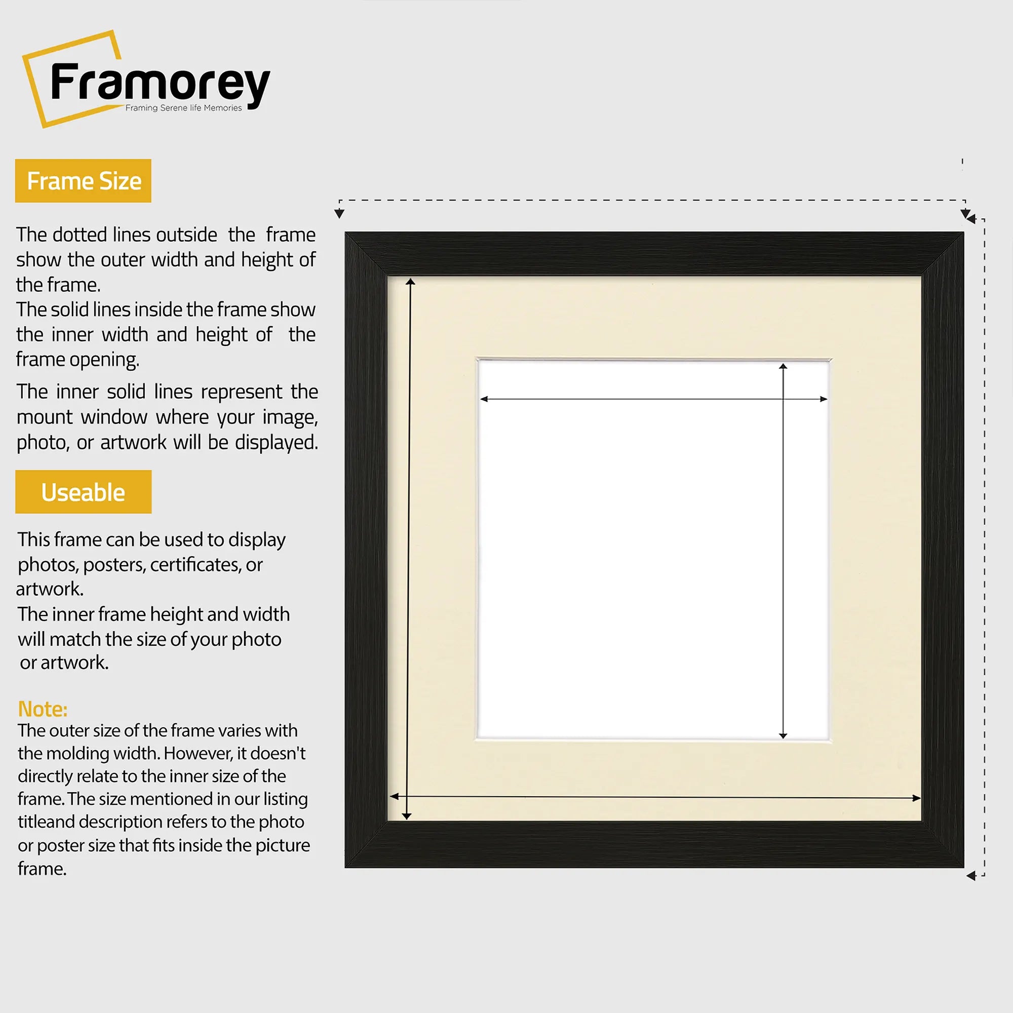 Flat Square Size Black Picture Photo Frame Wall Art Poster Frame With Ivory Mount