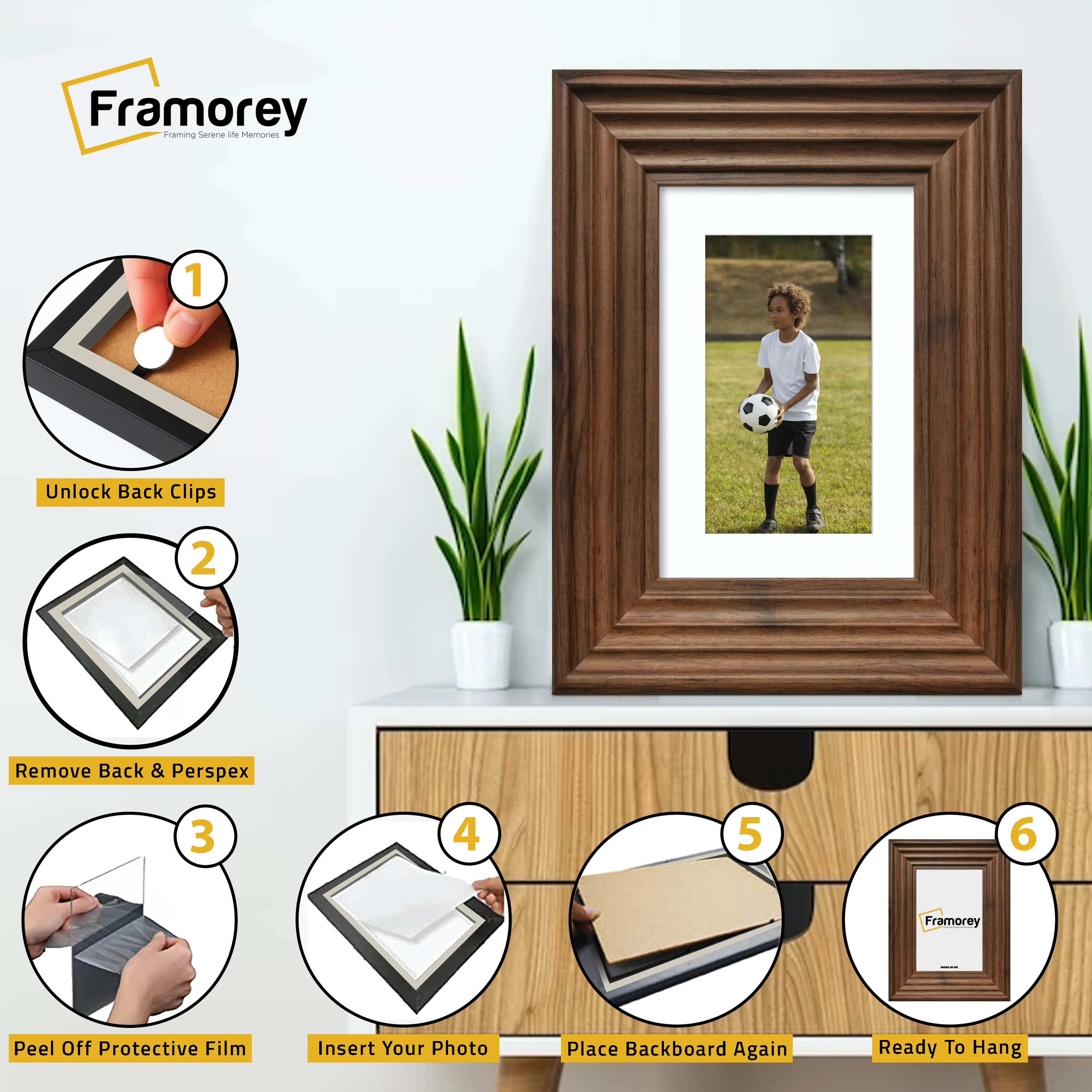 Walnut Wooden Picture Frames Big Step Style, With White Mount
