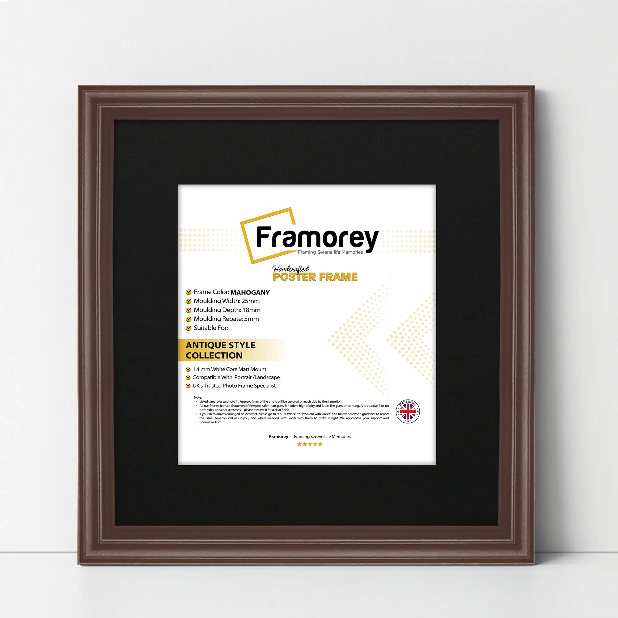 Antique Style Square Size Mahogany Picture Frame with Black Mount