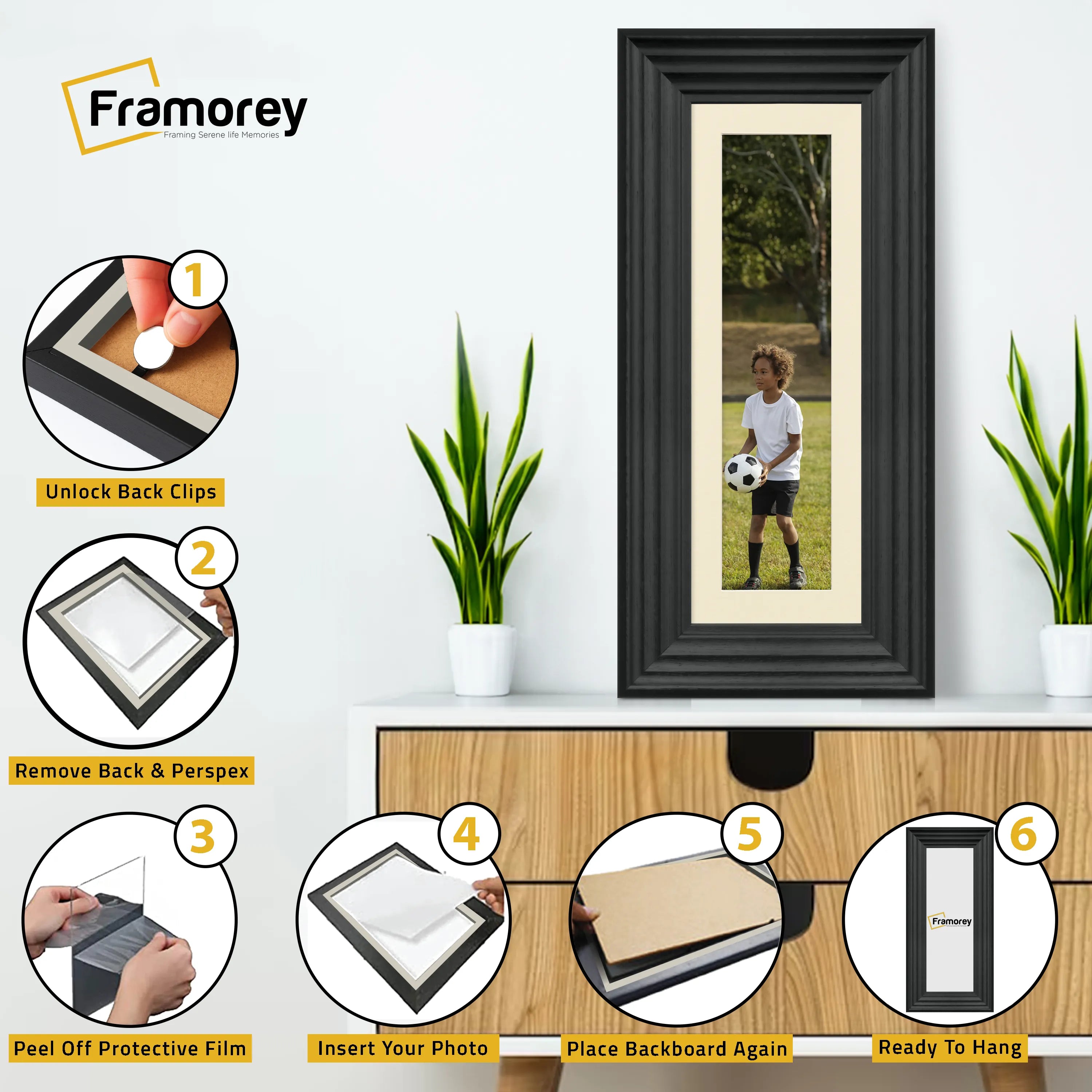 Panoramic Size Black Wooden Picture Frame Big Step Style with Ivory Mount