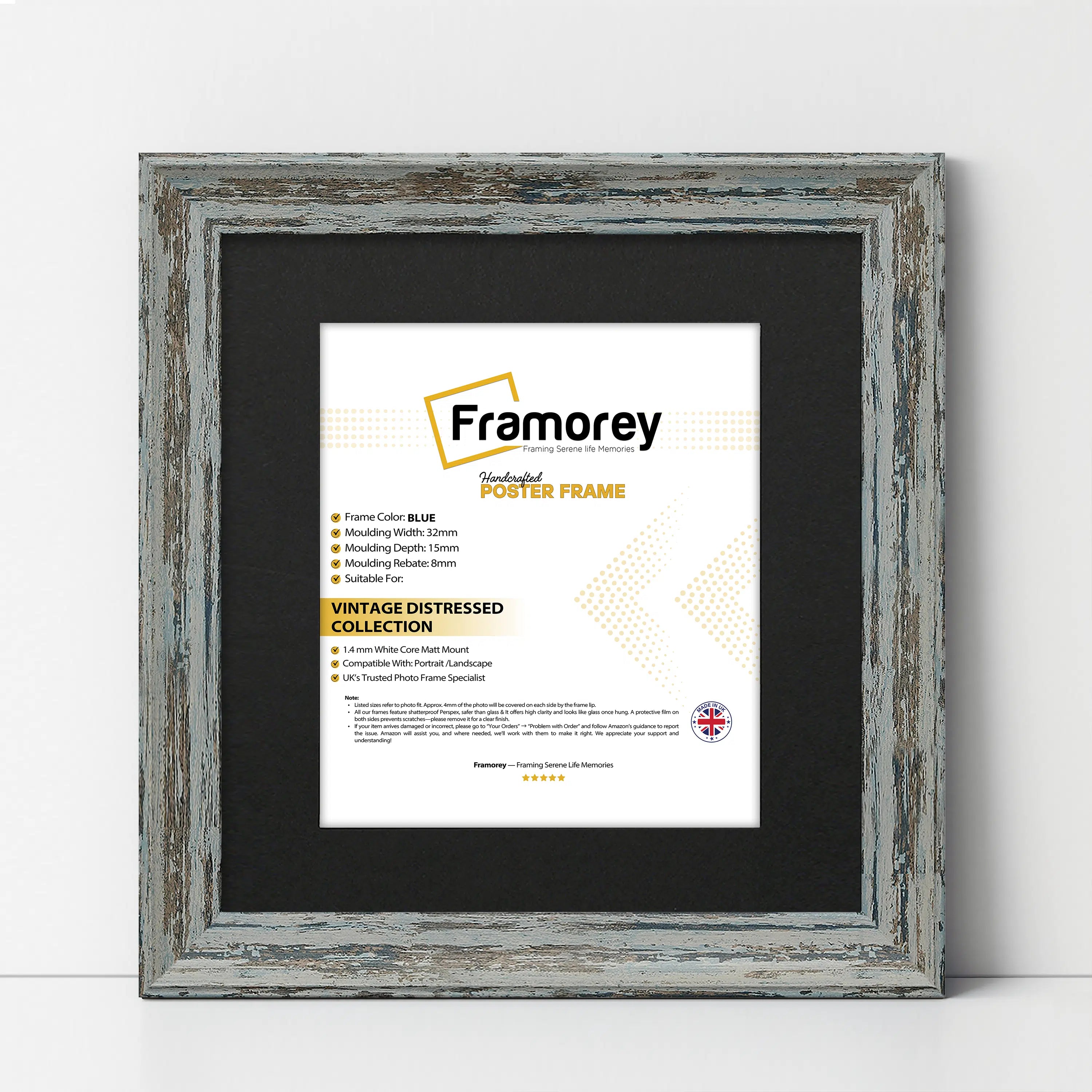 Square Blue Picture Frame Vintage Distressed Photo Frames With Black Mount