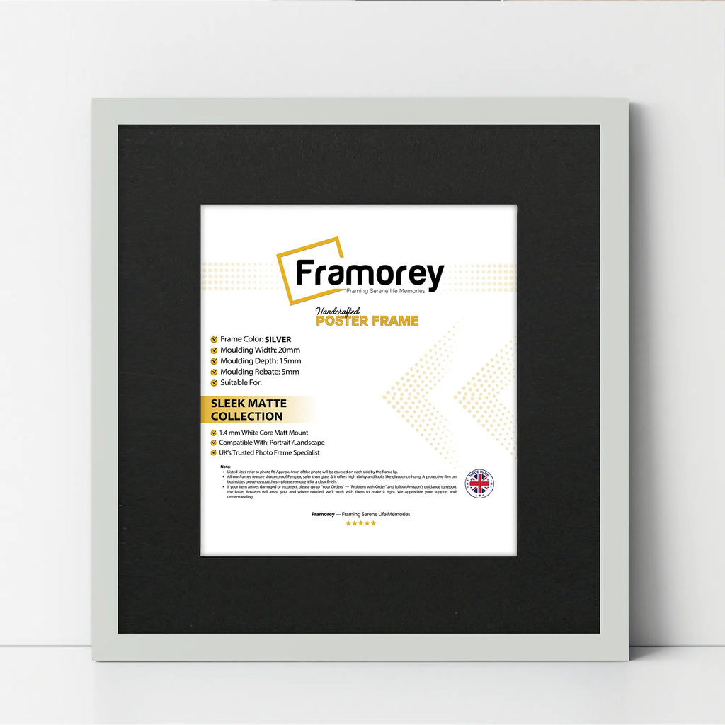 Square Size Silver Thin Matt Picture Frames With Black Mount