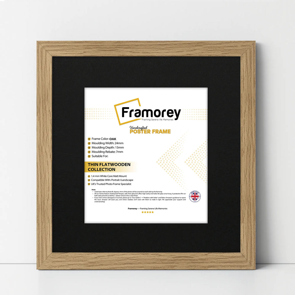 Flat Square Size Oak Picture Photo Frame With Black Mount