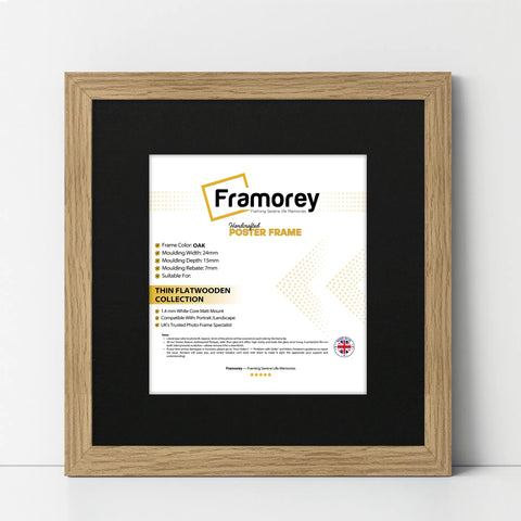 Flat Square Size Oak Picture Photo Frame With Black Mount