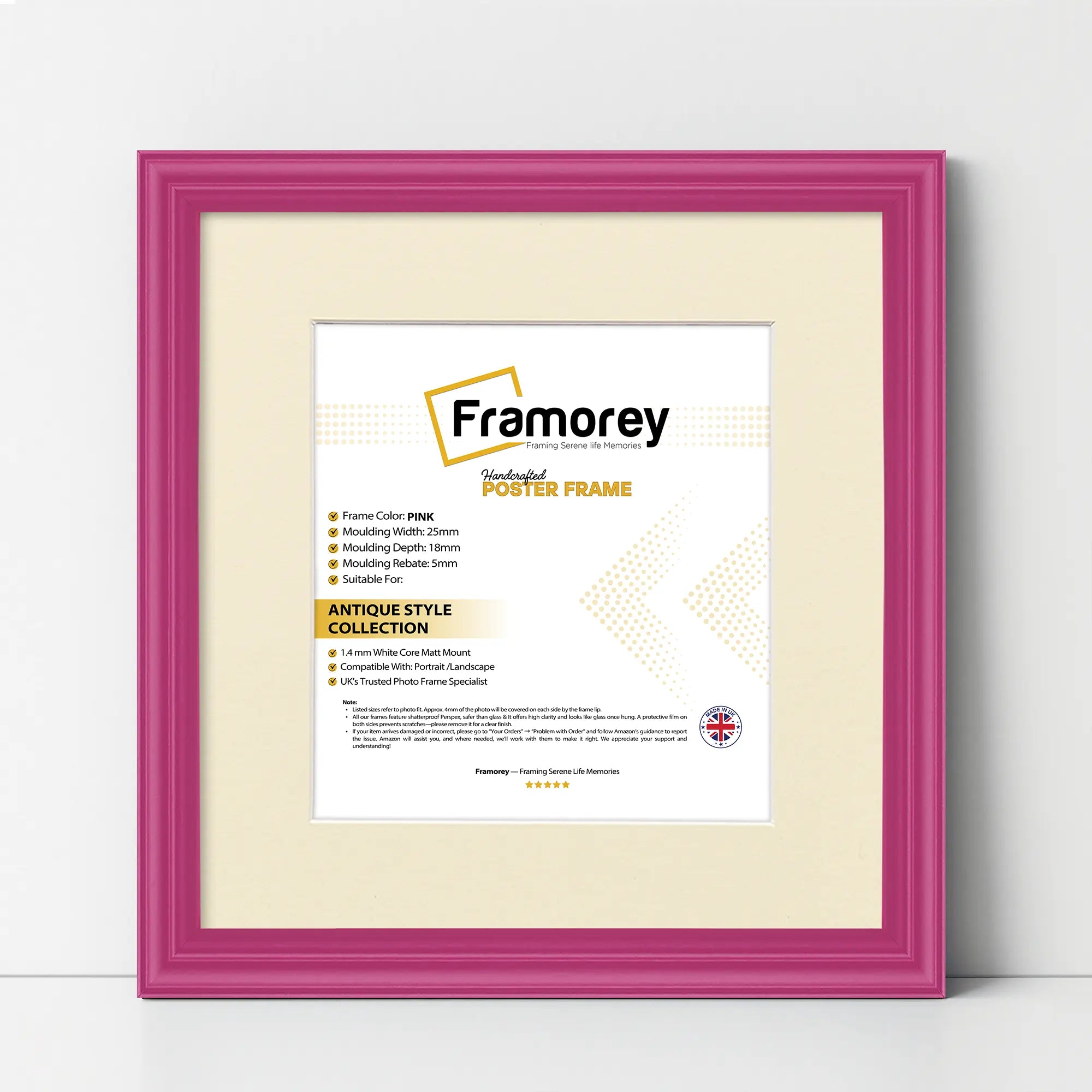 Antique Style Square Size Pink Picture Frame with Ivory Mount