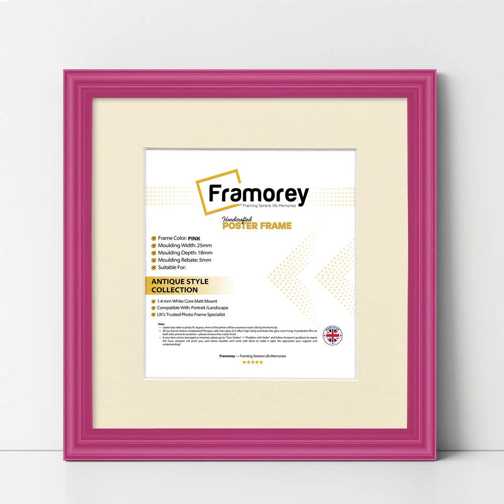 Antique Style Square Size Pink Picture Frame with Ivory Mount