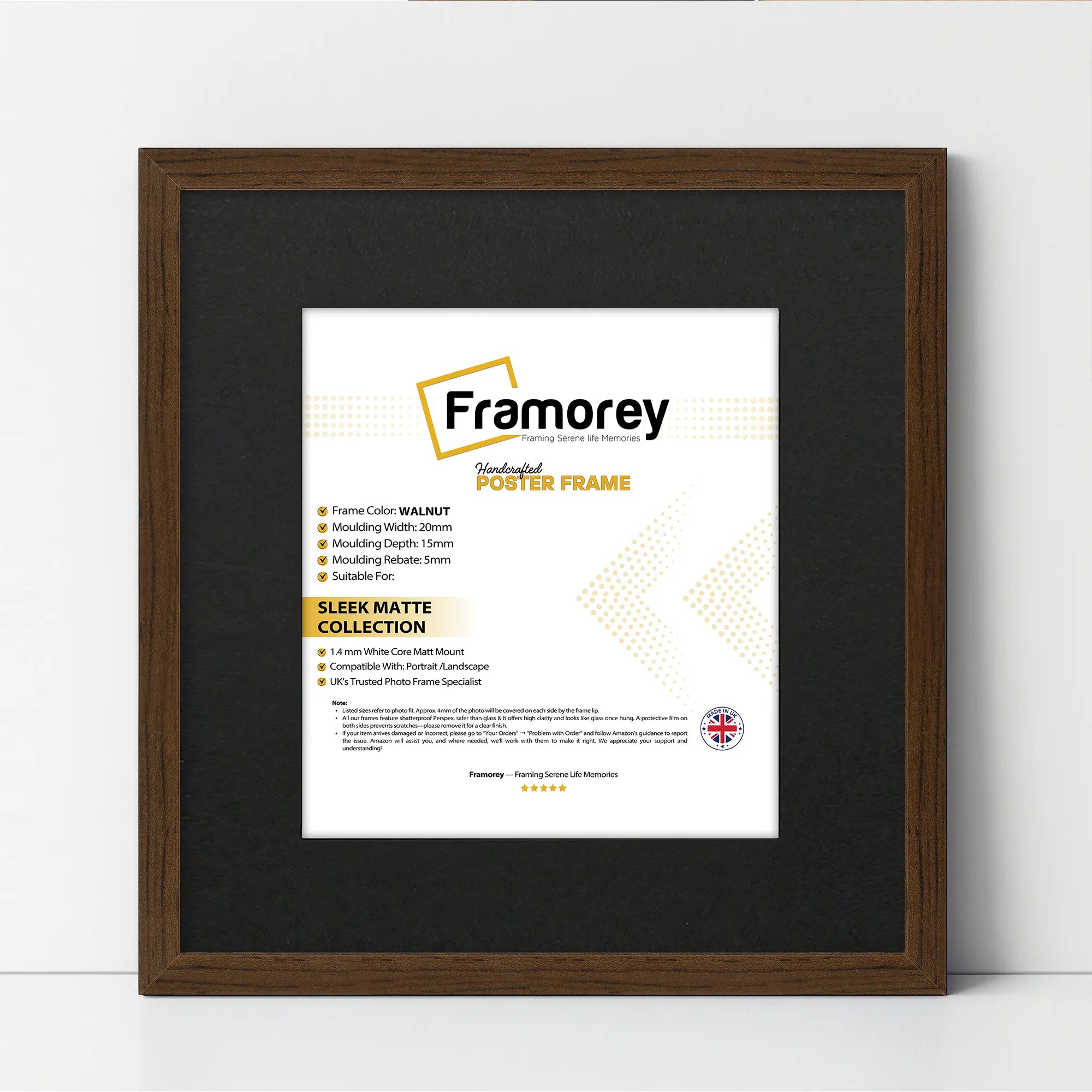 Square Size Thin Matt Walnut Picture Frames With Black Mount