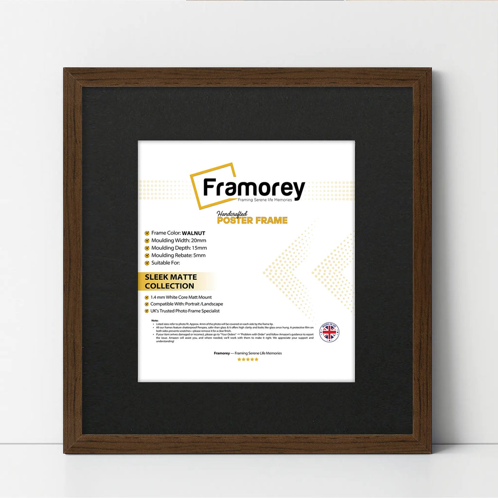 Square Size Thin Matt Walnut Picture Frames With Black Mount
