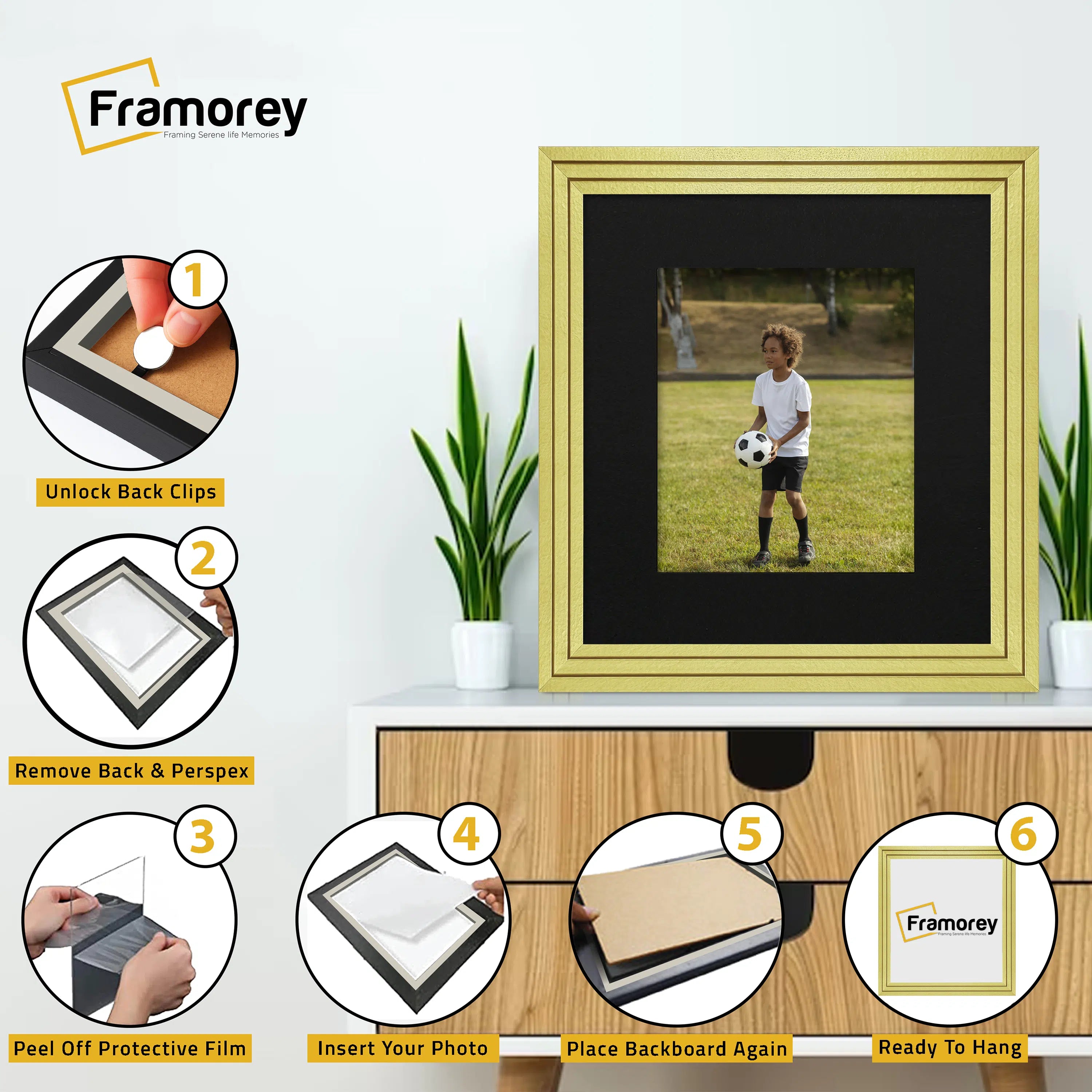 Step Style Square Size Gold Picture Frame With Black Mount