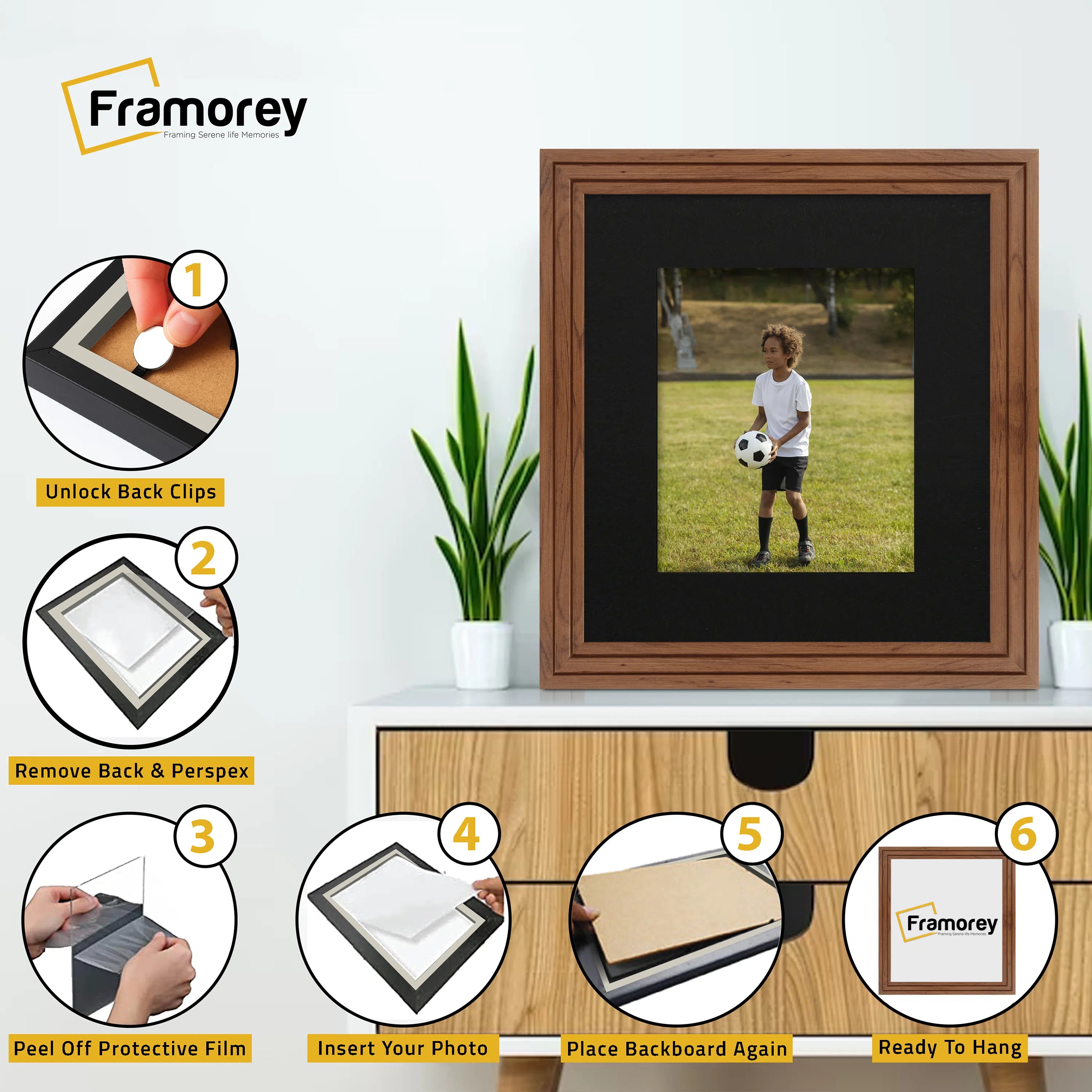 Step Style Square Size Walnut Picture Frame With Black Mount