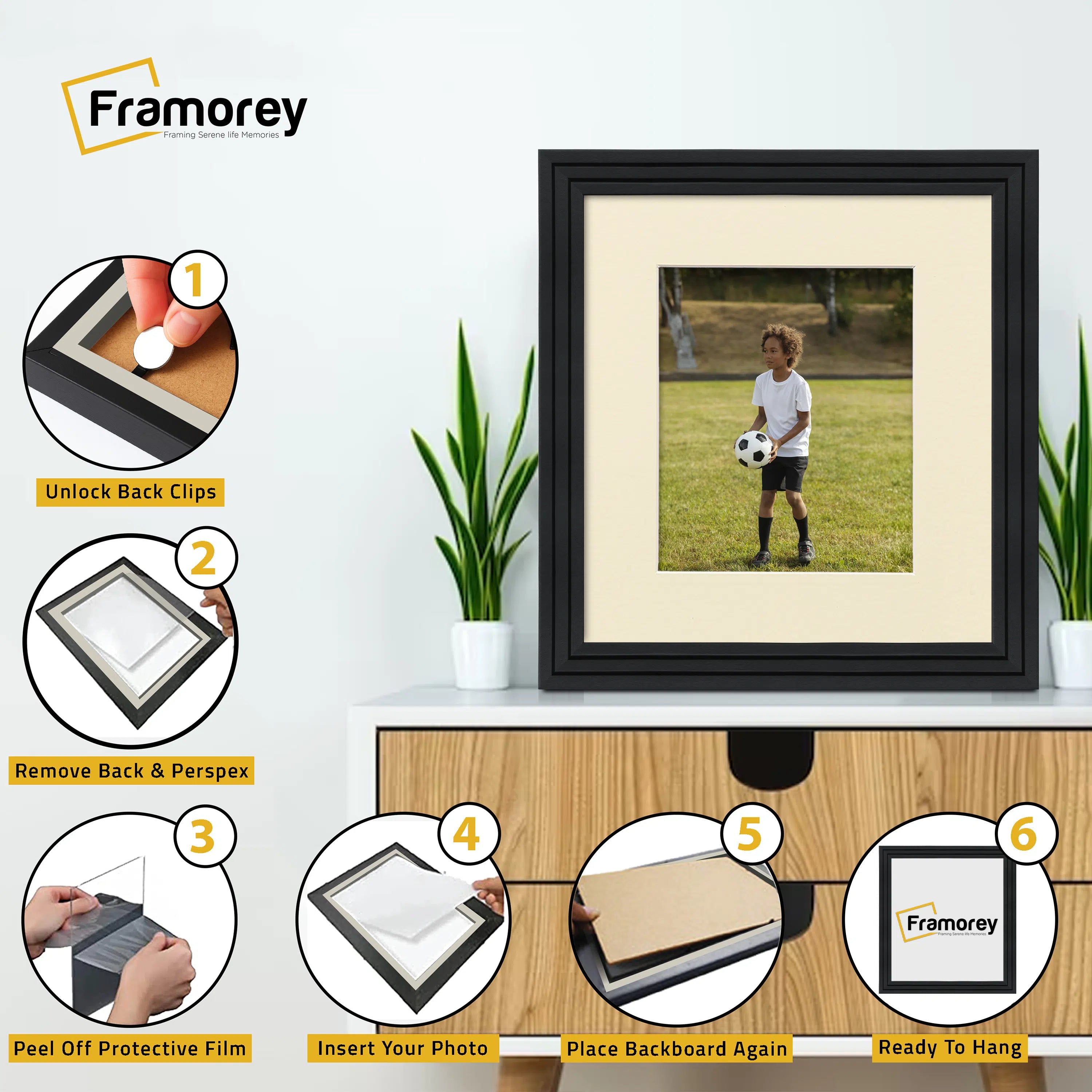 Step Style Square Size Black Picture Frame With Ivory Mount