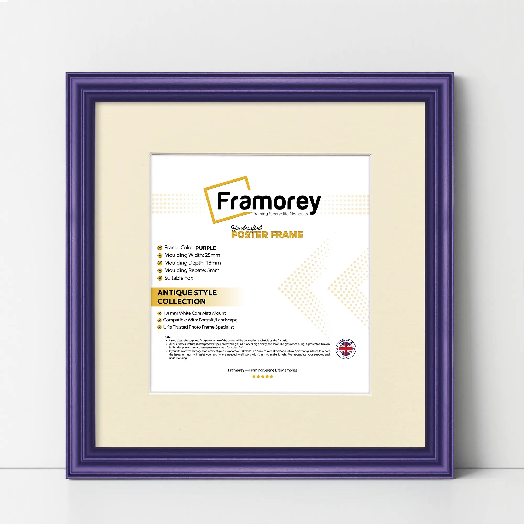 Antique Style Square Purple Picture Frame Wall Art Photo Frame With Ivory Mount