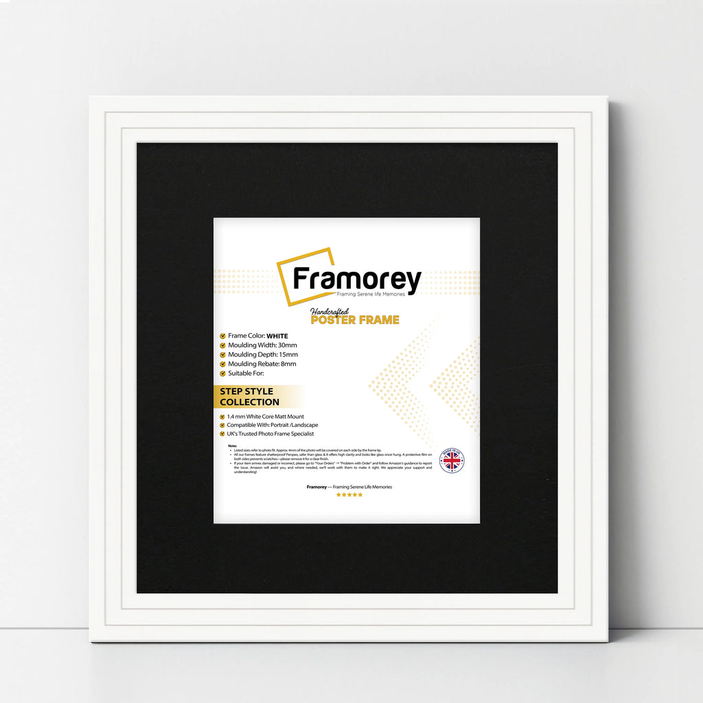 Step Style Square Size White Picture Frame With Black Mount
