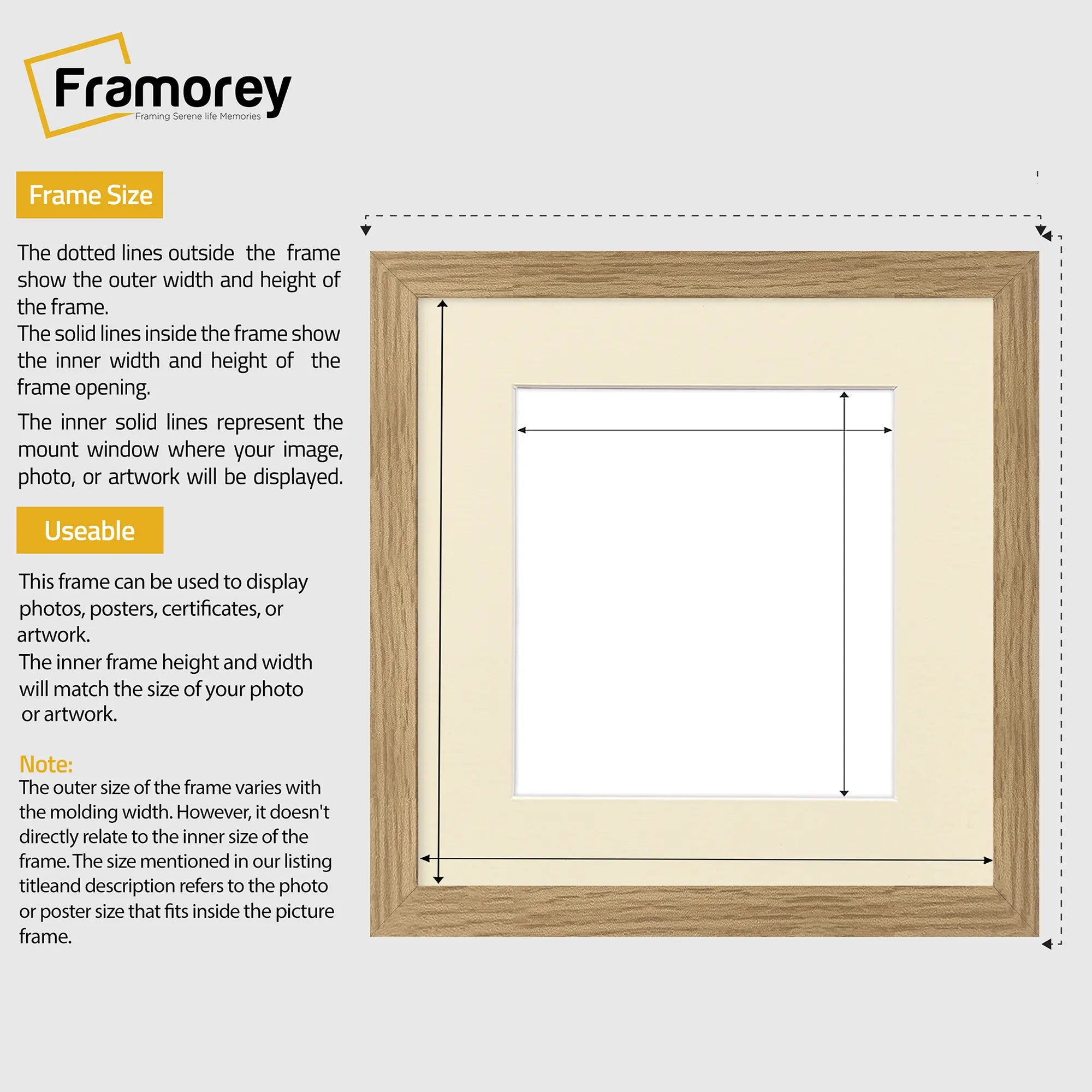 Flat Square Oak Picture Frame Wall Art Poster Frame With Ivory Mount