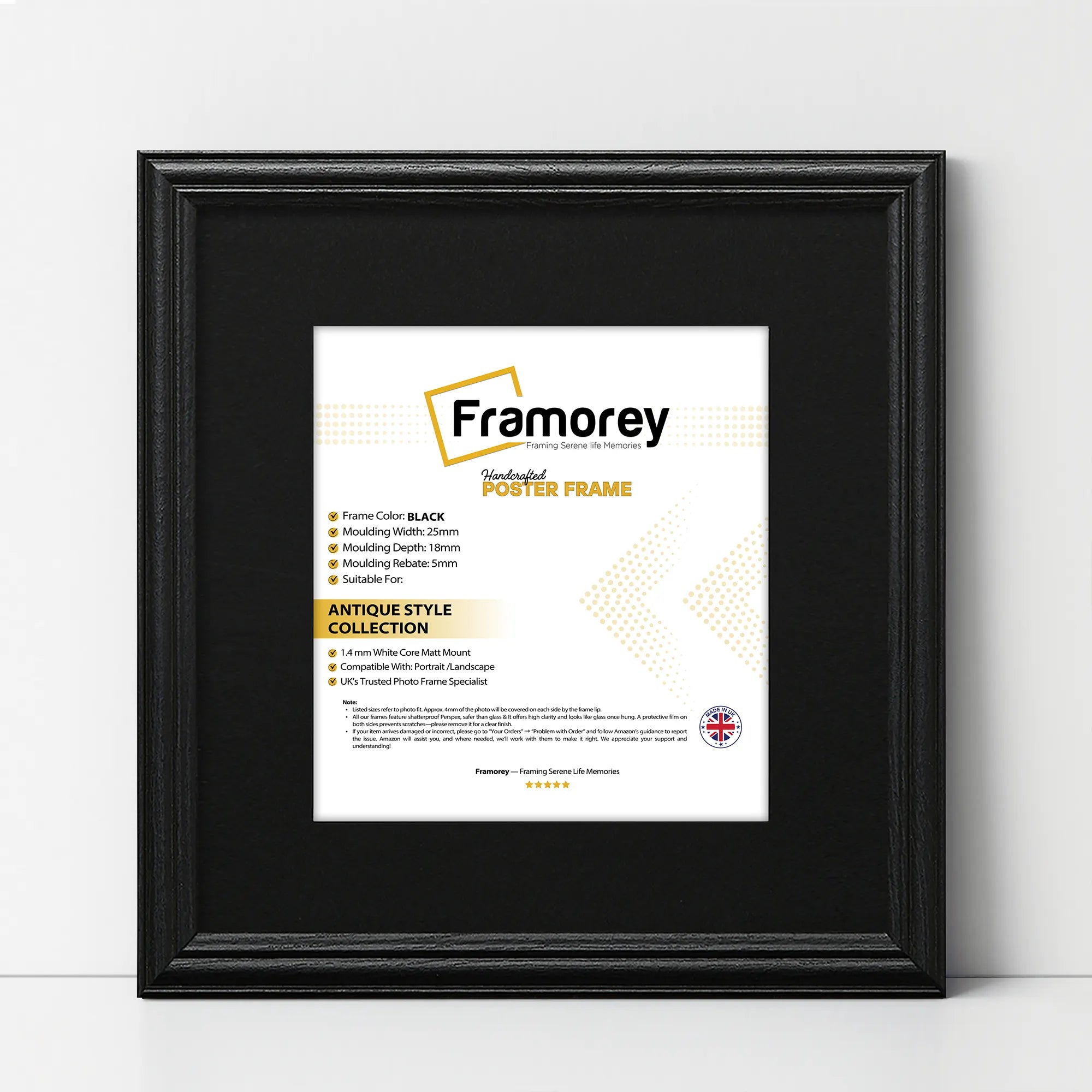 Antique Style Square Size Black Picture Frame with Black Mount