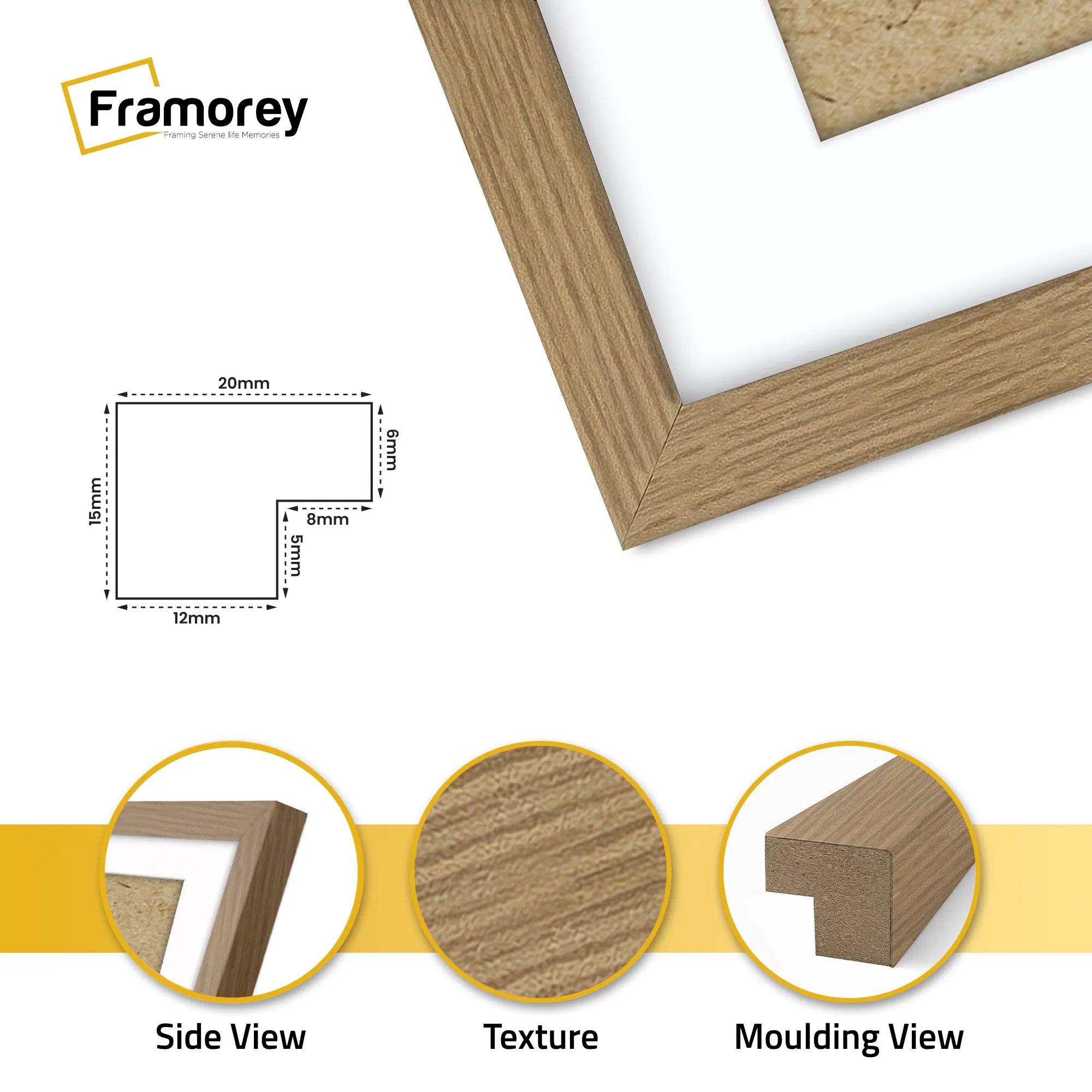 Square Size Thin Matt Oak Picture Frames With White Mount
