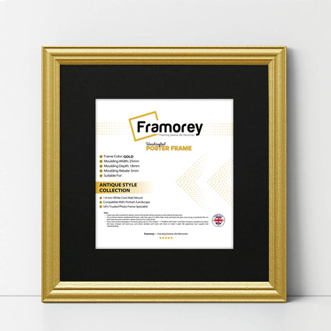 Antique Style Square Size Gold Picture Frame with Black Mount
