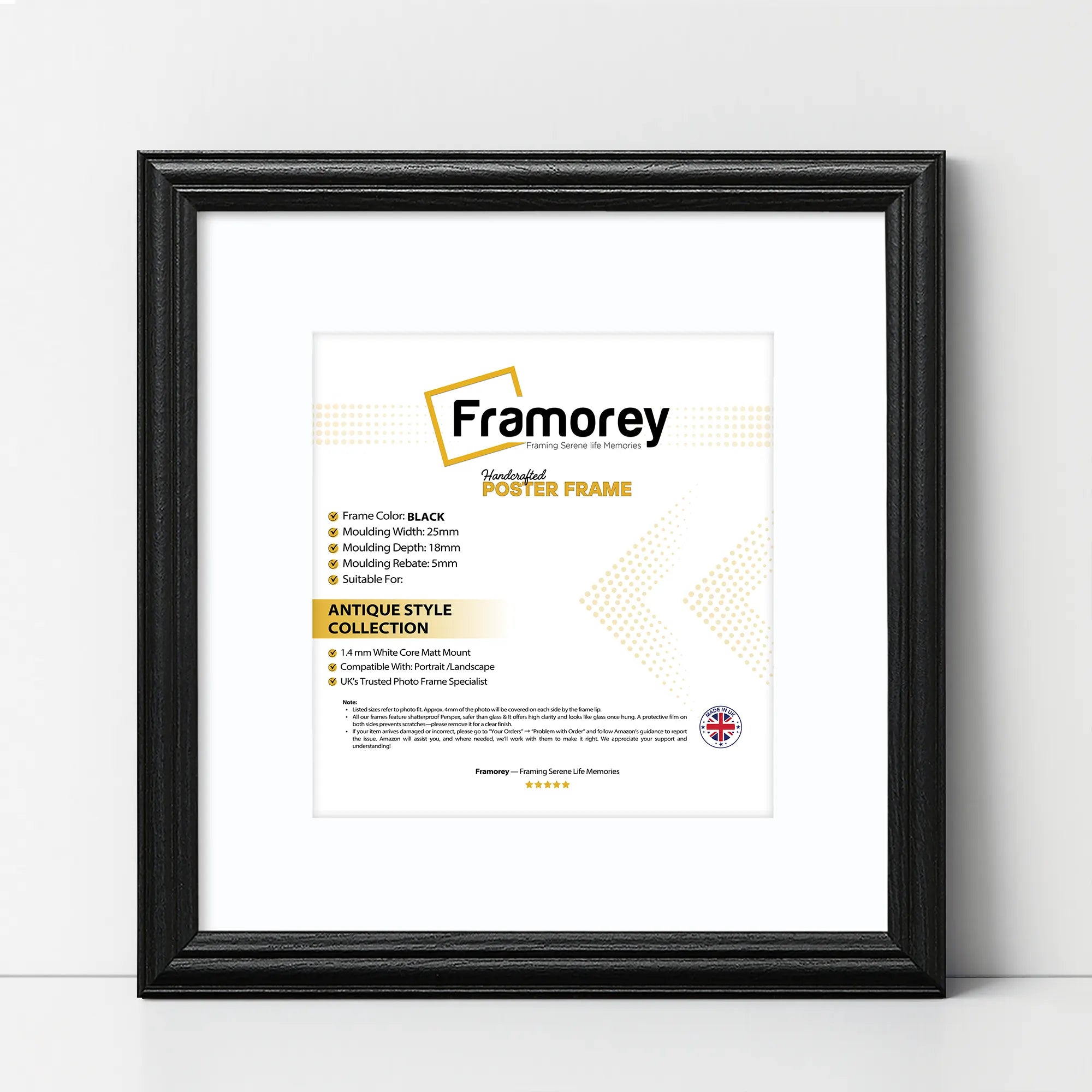 Antique Style Square Size Black Picture Frame Wall Art Photo Frame With White Mount