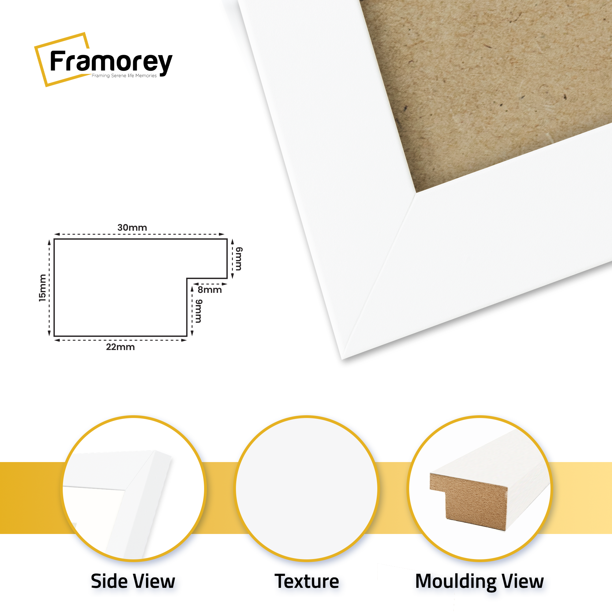Rectangle Back side white picture frame view with detailed features.