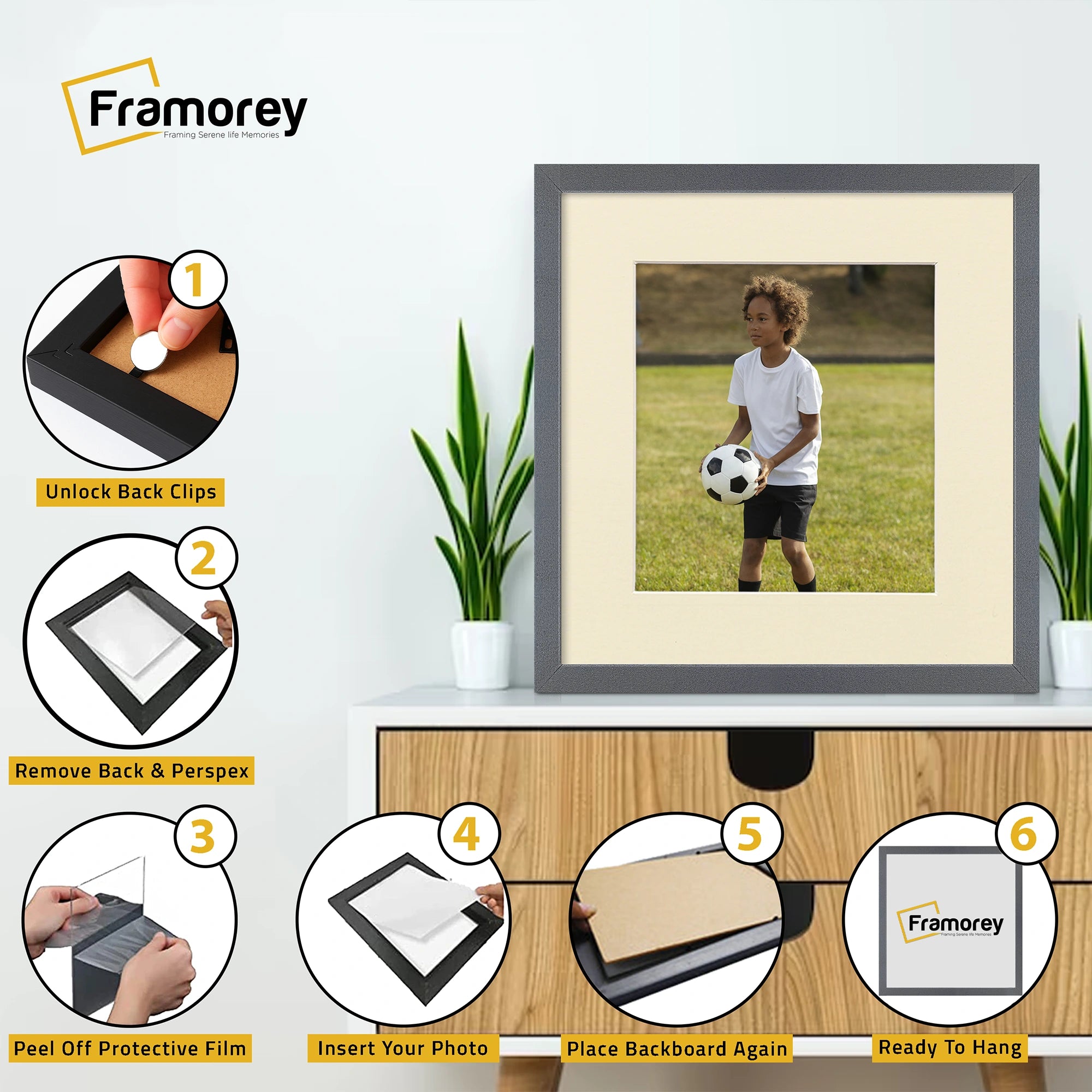 Square Size Thin Matt Dark Grey Picture Frames With Ivory Mount