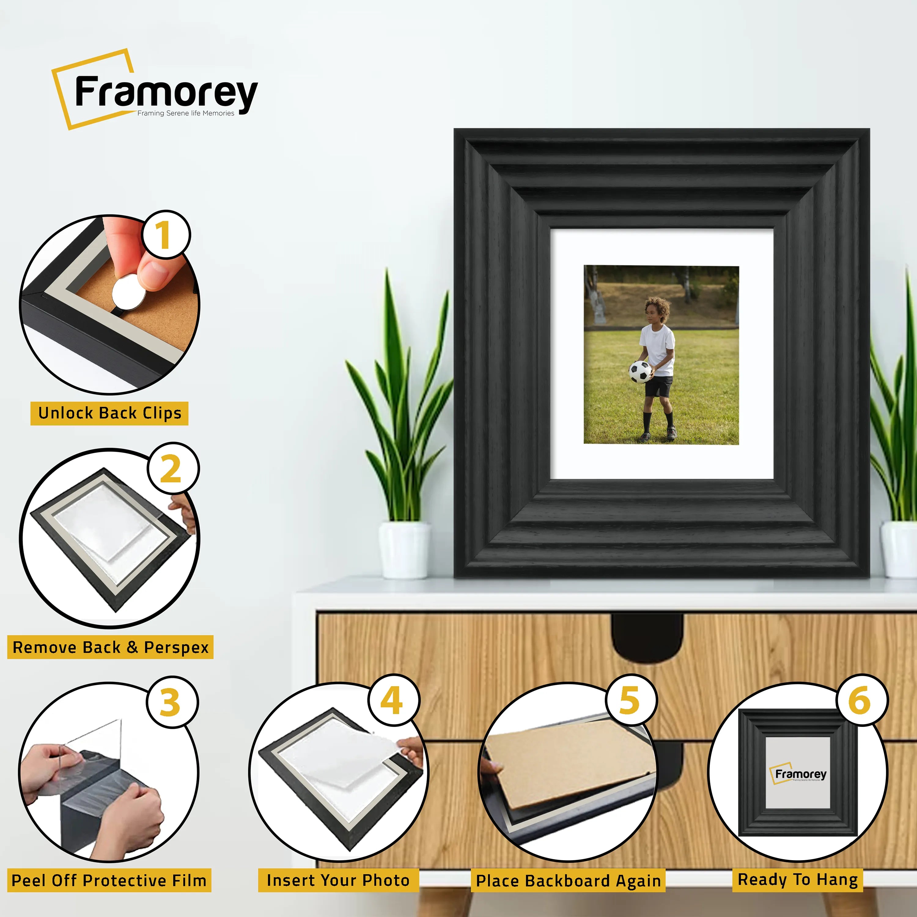 Square Black Wooden Picture Frame Big Step Style with White Mount