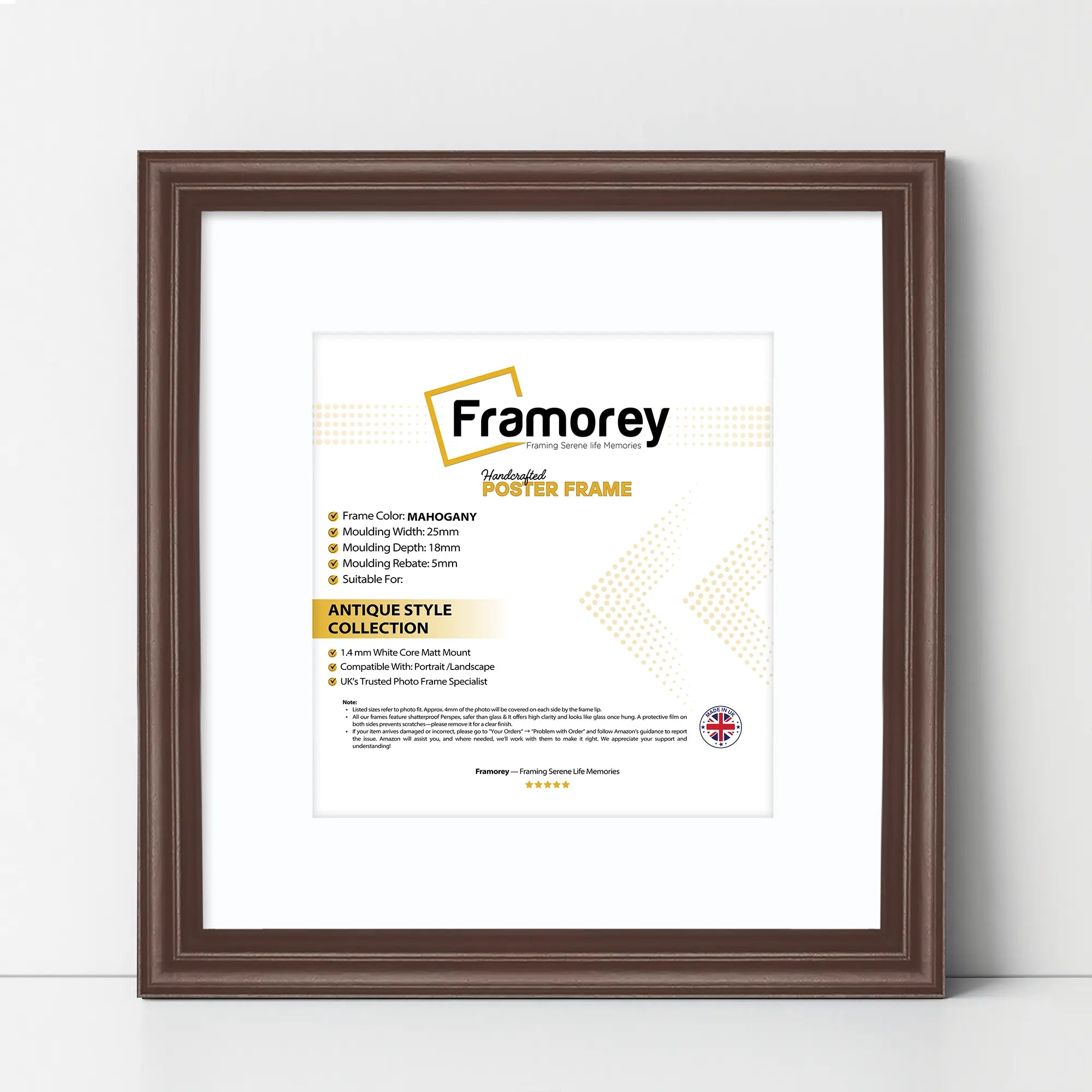 Antique Style Square Mahogany Picture Frame Photo Frame With White Mount