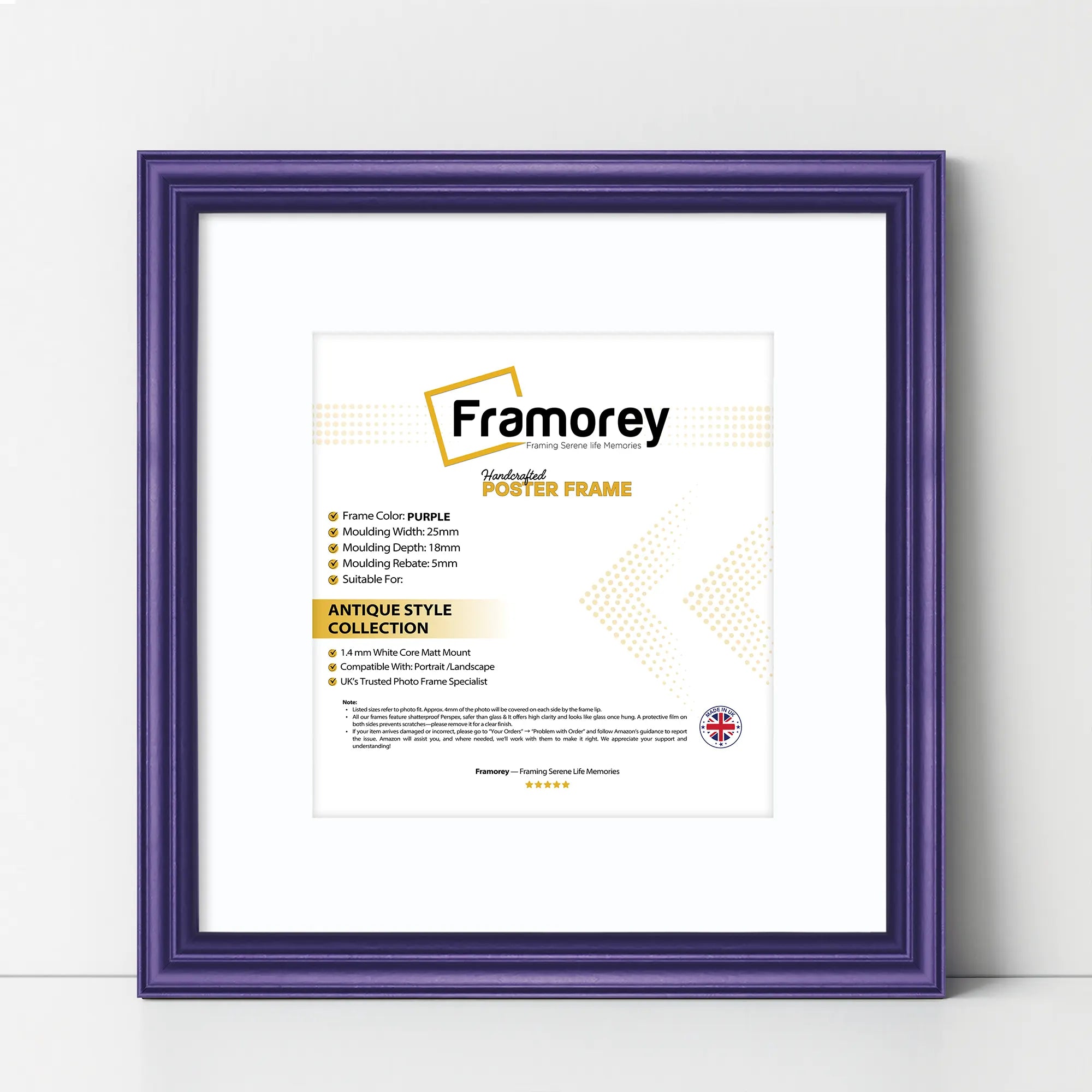 Antique Style Square Purple Picture Frame Wall Art Frame With White Mount