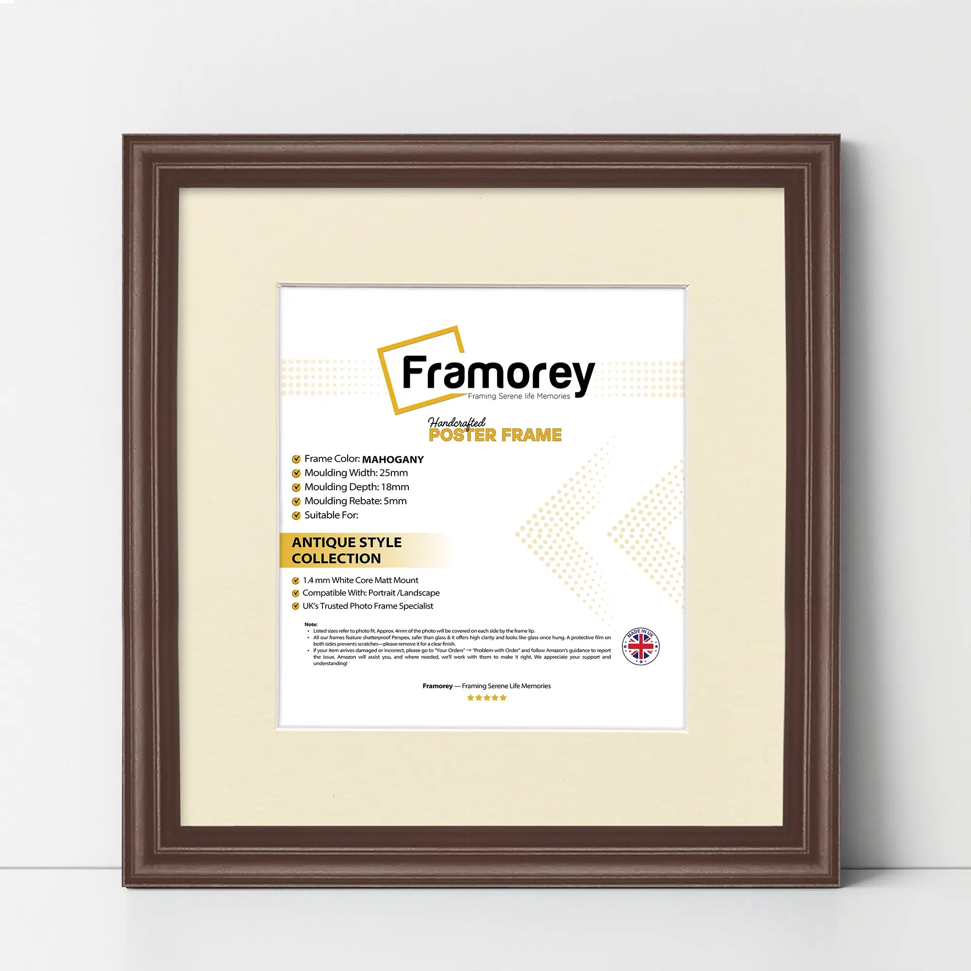 Antique Style Square Size Mahogany Picture Frame with Ivory Mount