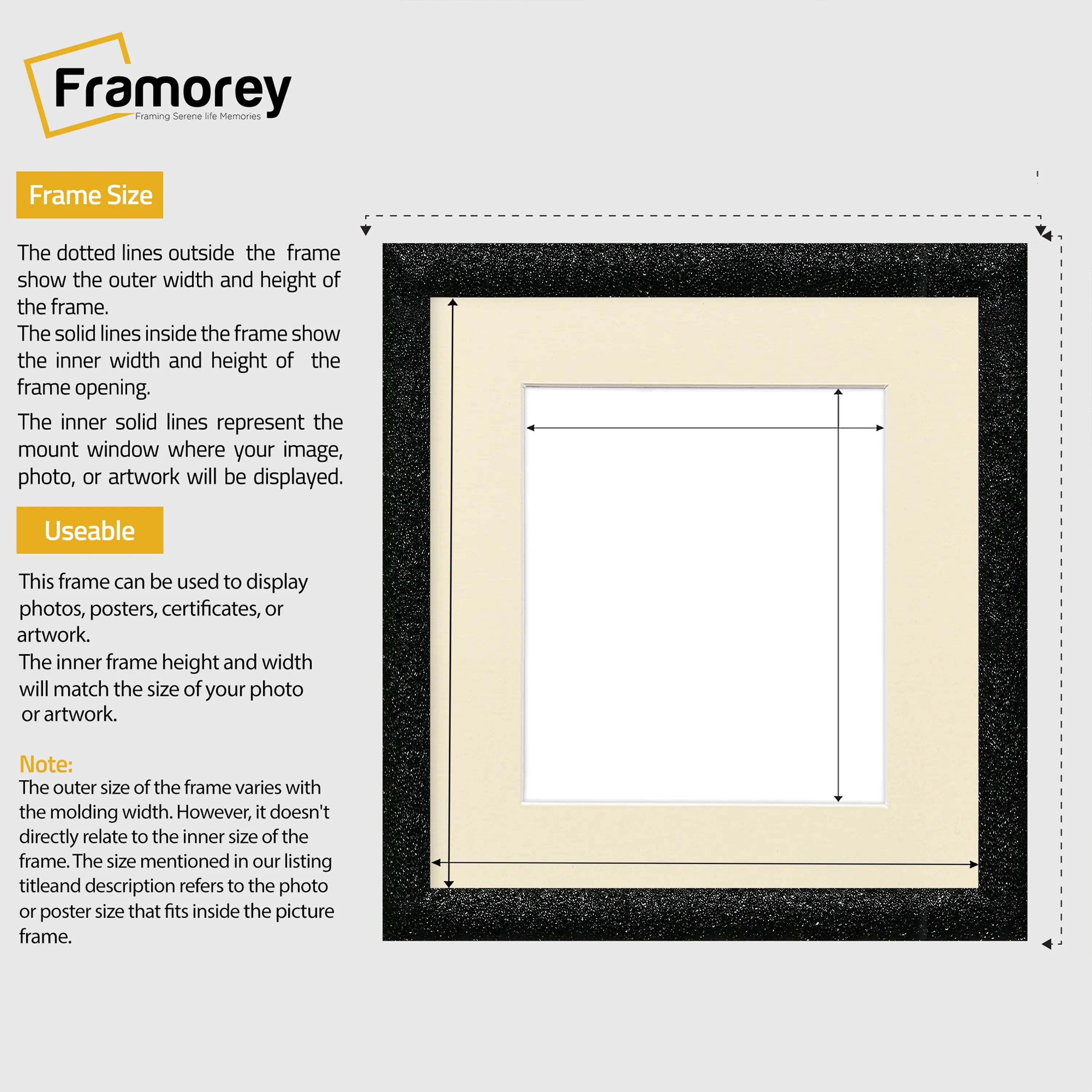 Square Size Picture Frame Black Glitter Sparkle Photo Frames With Ivory Mount
