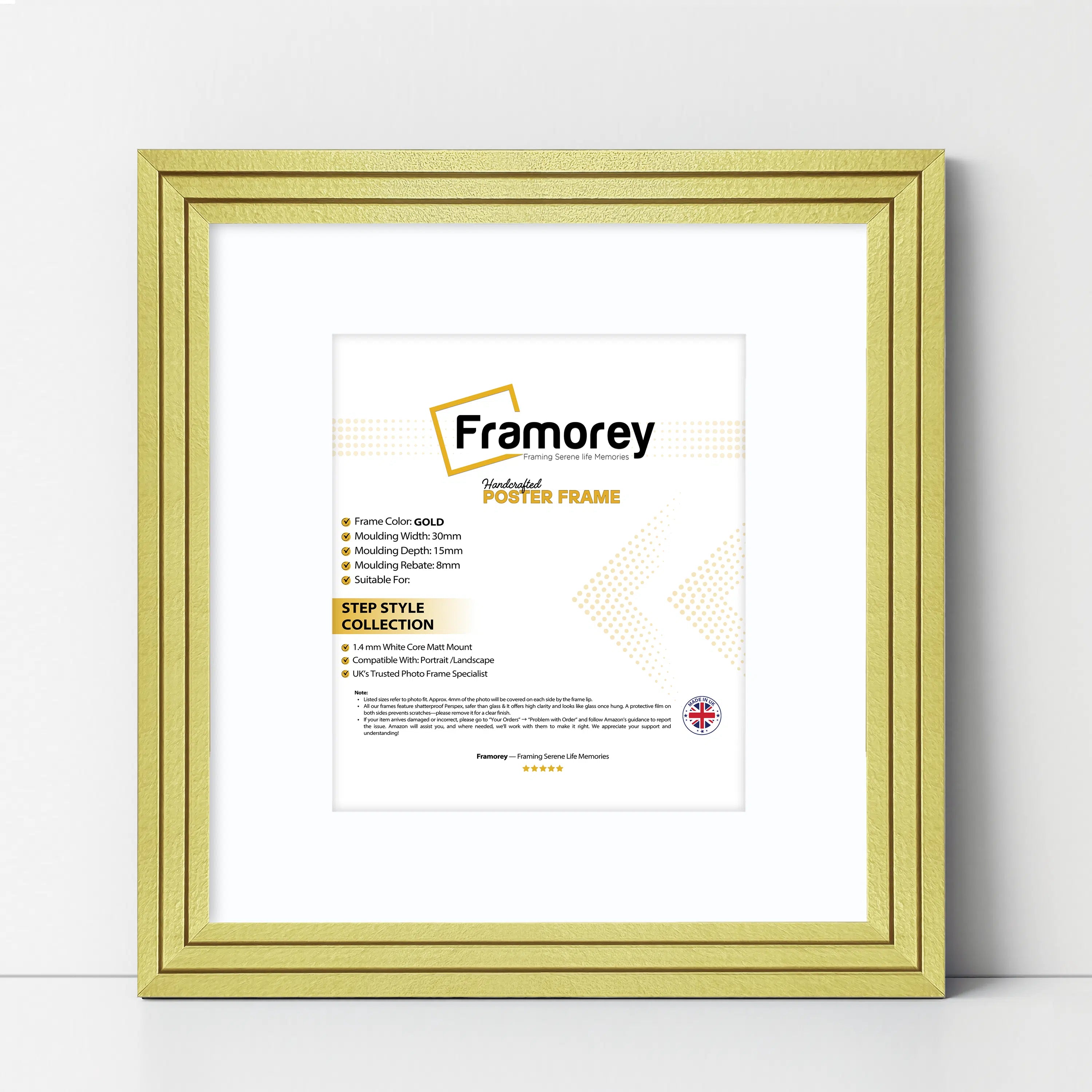 Step Style Square Size Gold Picture Frame With White Mount