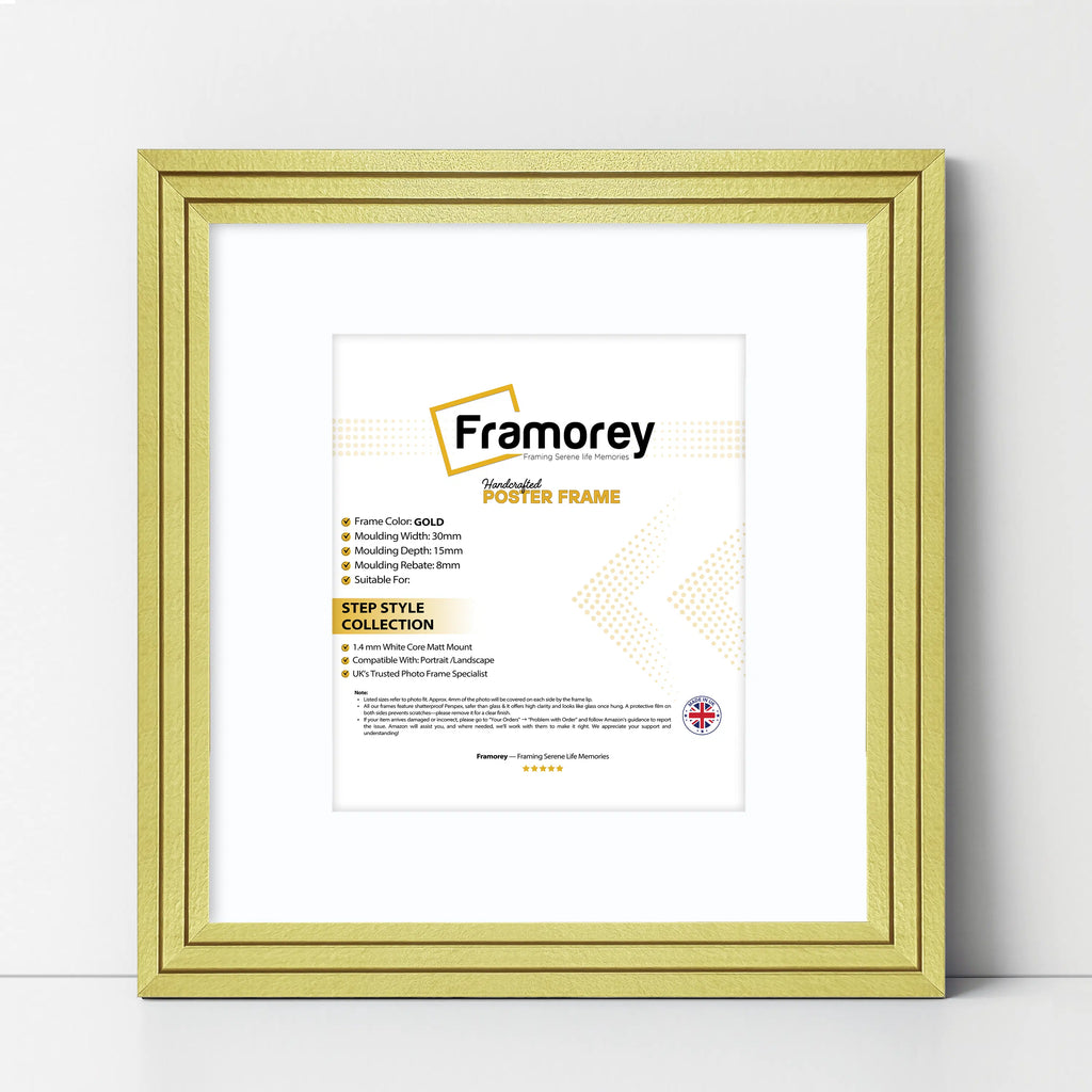Step Style Square Size Gold Picture Frame With White Mount