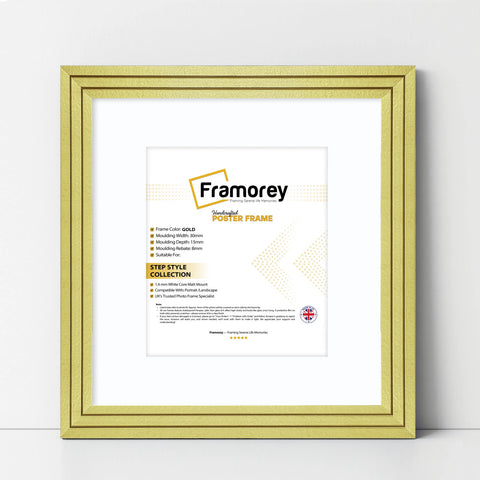 Step Style Square Size Gold Picture Frame With White Mount