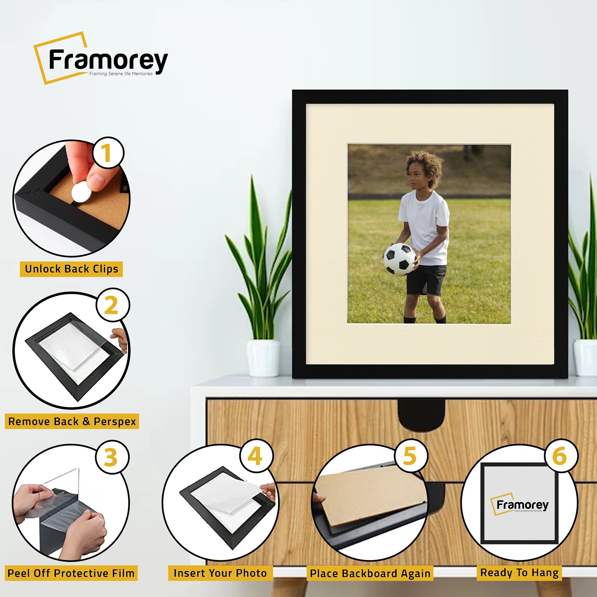 Square Size Thin Matt Black Picture Frames with Ivory Mount