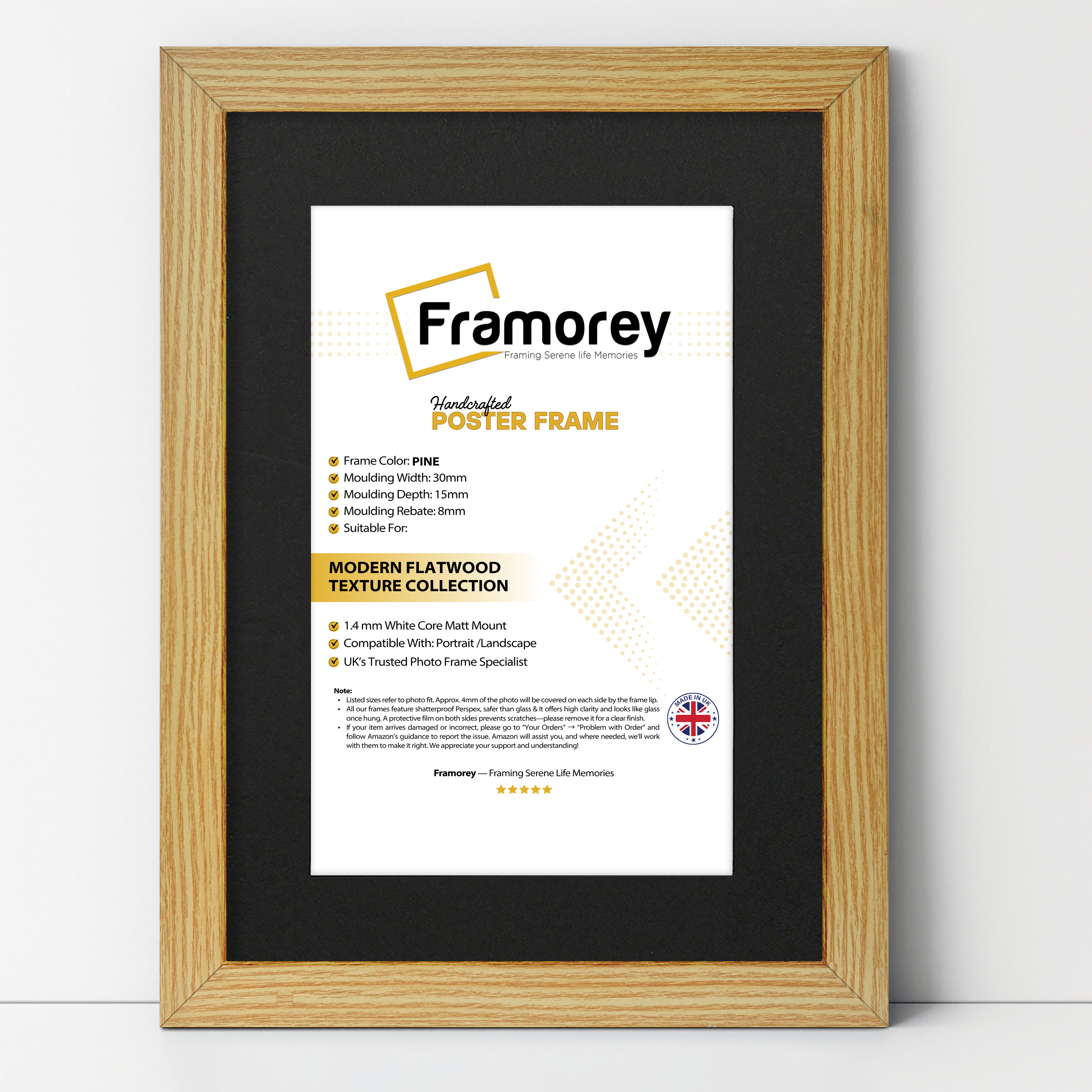 Pine Picture Frame with Black Mount leaning with the wall on a wooden floor with some detail on its measurement.