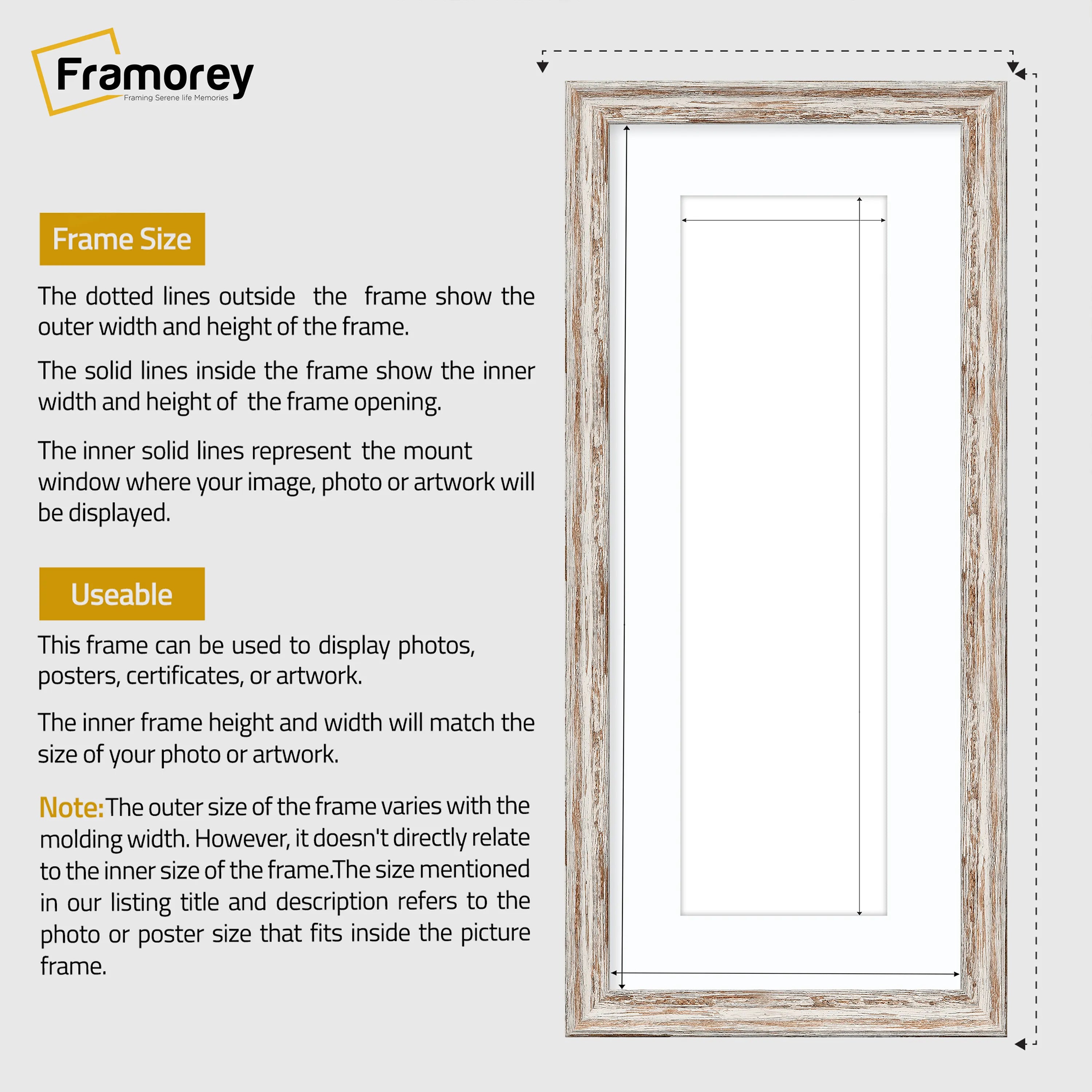 Panoramic Size Vintage Distressed Walnut Photo Frames With White Mount