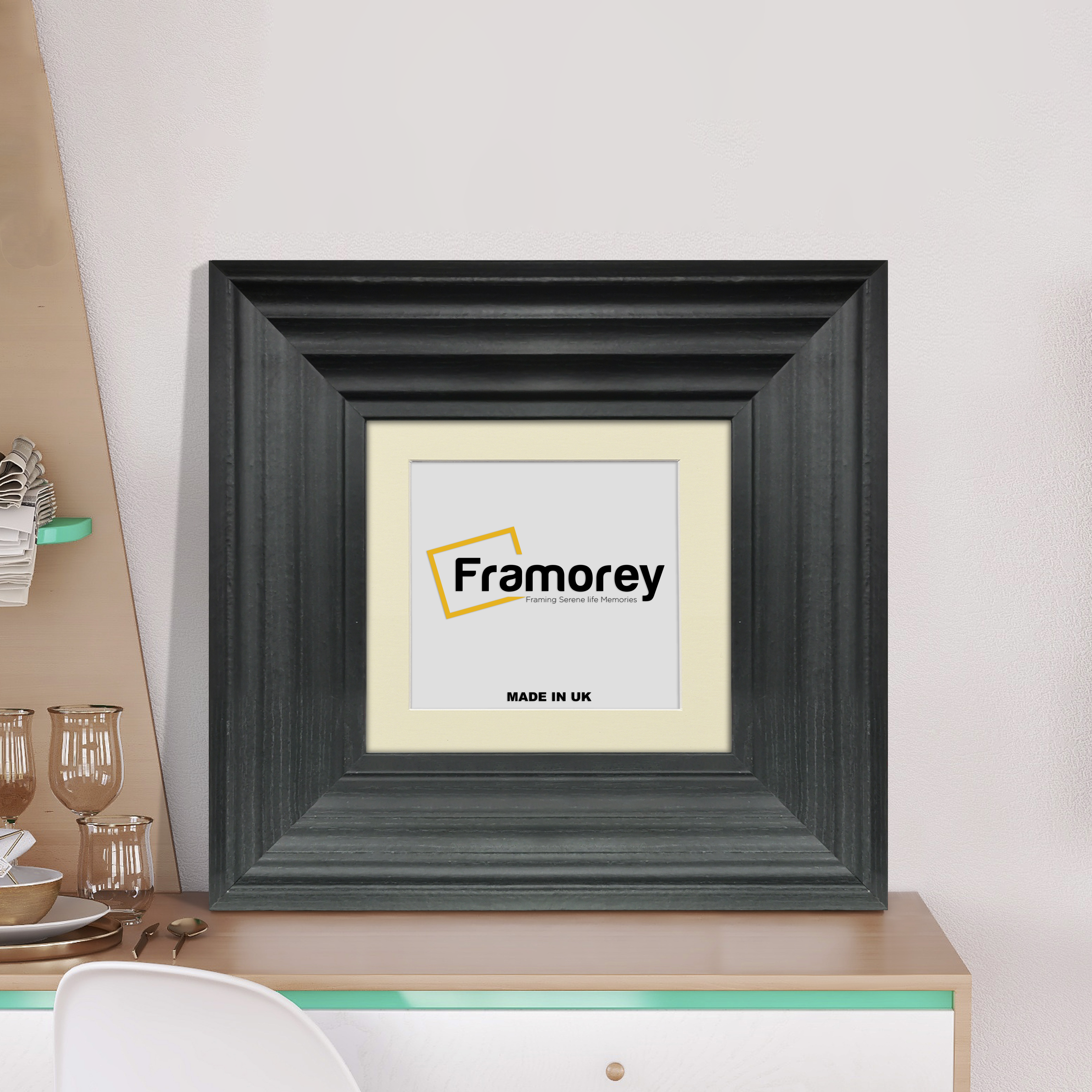 Square Black Wooden Picture Frame Big Step Style with Ivory Mount