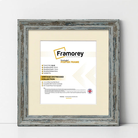 Square Size Blue Picture Frame Vintage Distressed Frames With Ivory Mount