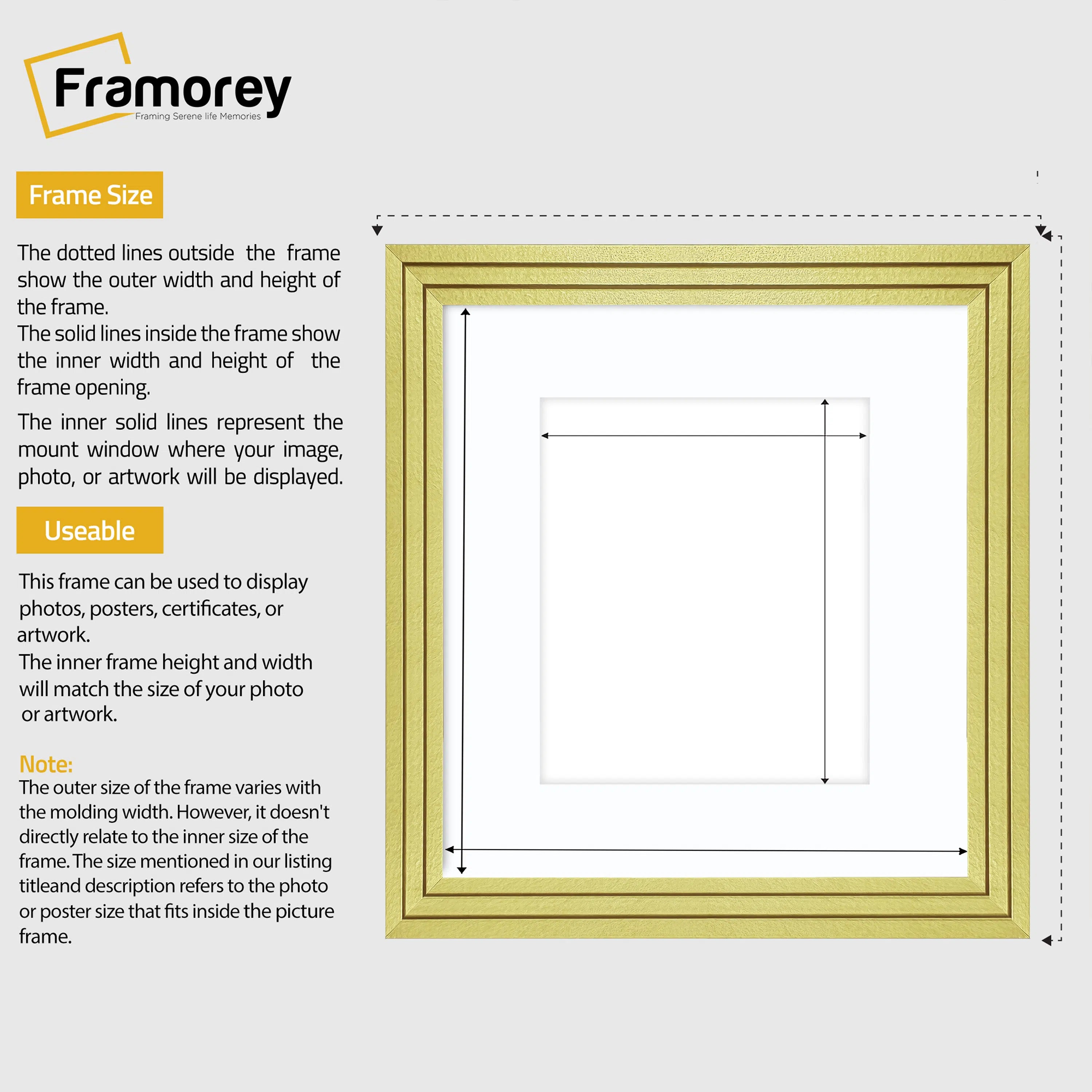 Step Style Square Size Gold Picture Frame With White Mount