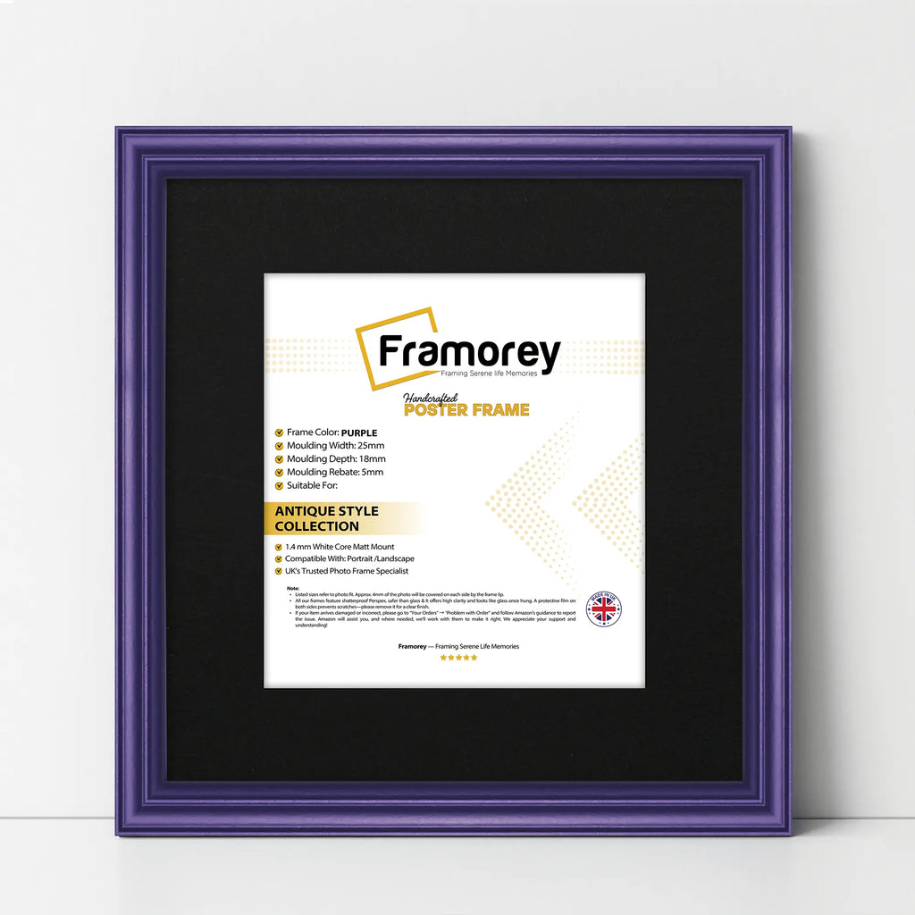 Antique Style Square Size Purple Picture Frame Wall Art Photo Frame With Black Mount