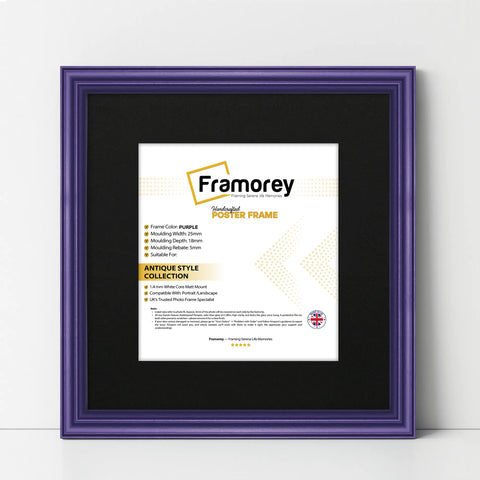 Antique Style Square Size Purple Picture Frame Wall Art Photo Frame With Black Mount