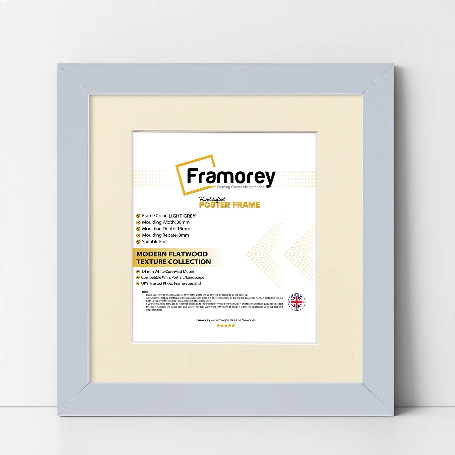 Square Size Light Grey Picture Frame With Ivory Mount