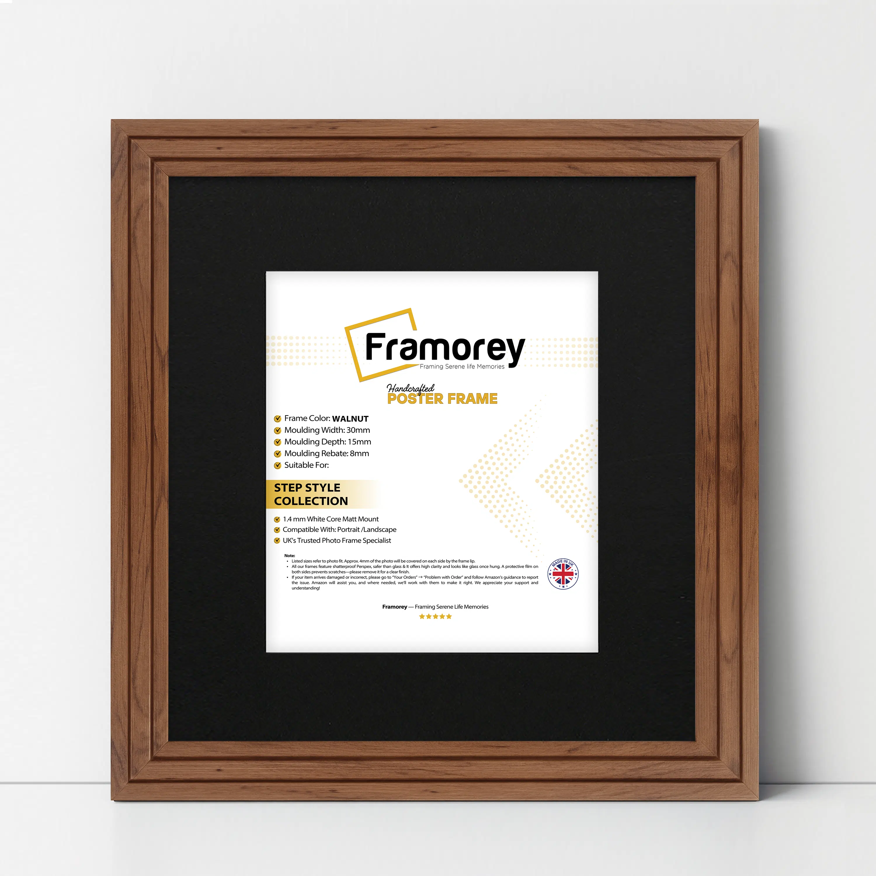 Step Style Square Size Walnut Picture Frame With Black Mount